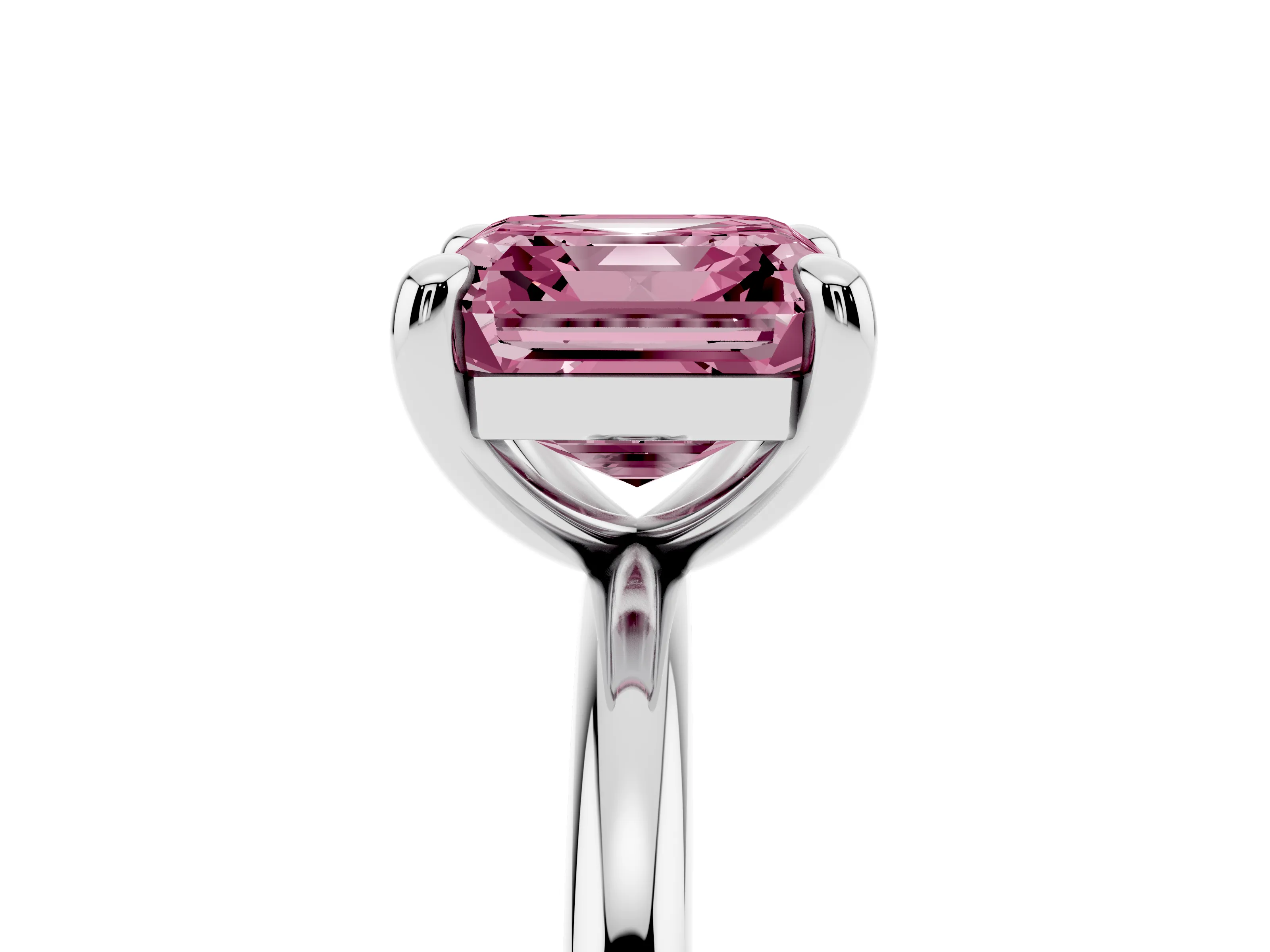 Fancy Pink Asscher Cut Diamond Solitaire Ring Set in White gold with Prong Setting on a Polished Plain Band
