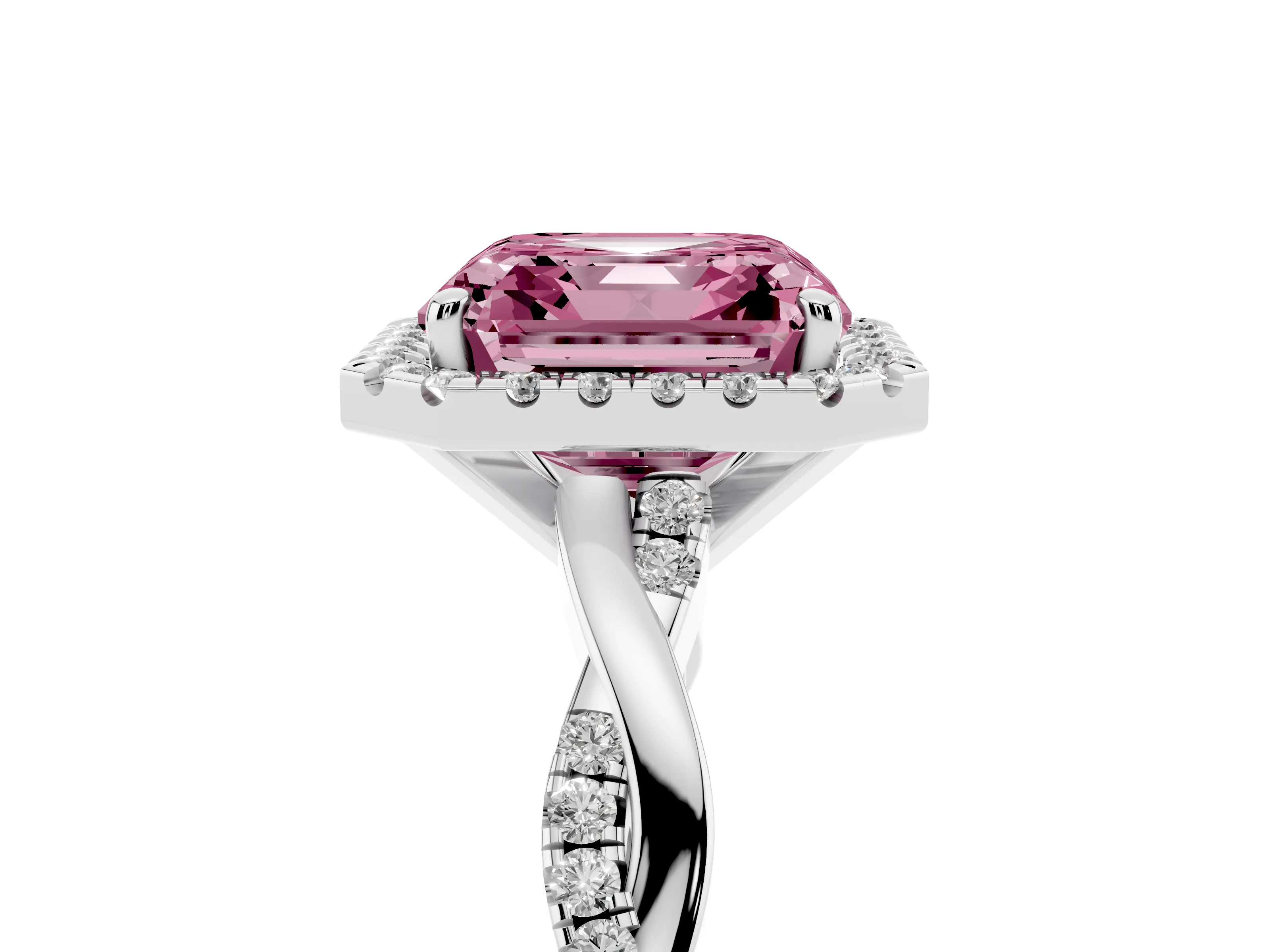 Fancy Pink Asscher Cut Diamond Halo Twisted Band Ring Set in Silver with Prong Setting