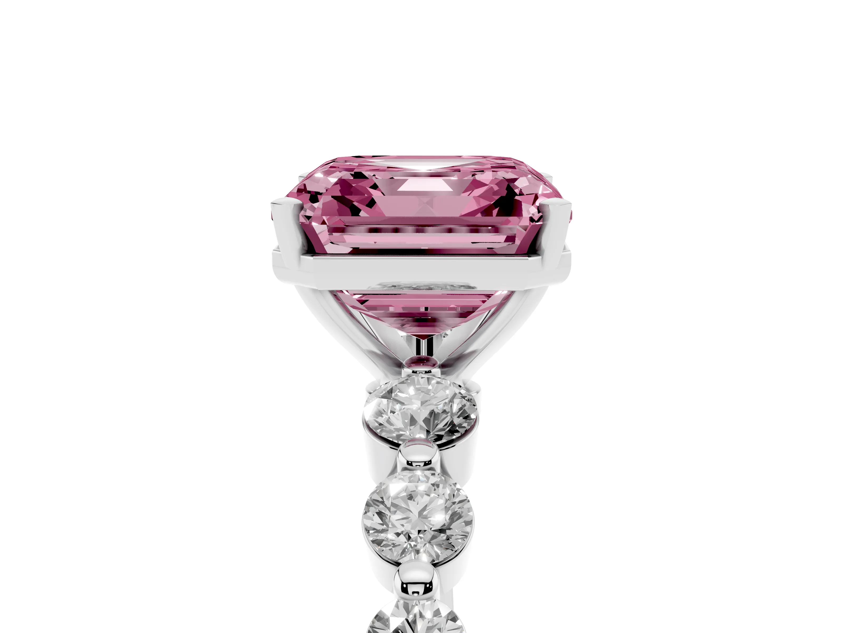 Fancy Pink Asscher Cut Diamond Solitaire Ring Set in Platinum with Pavé Band and Prong Setting