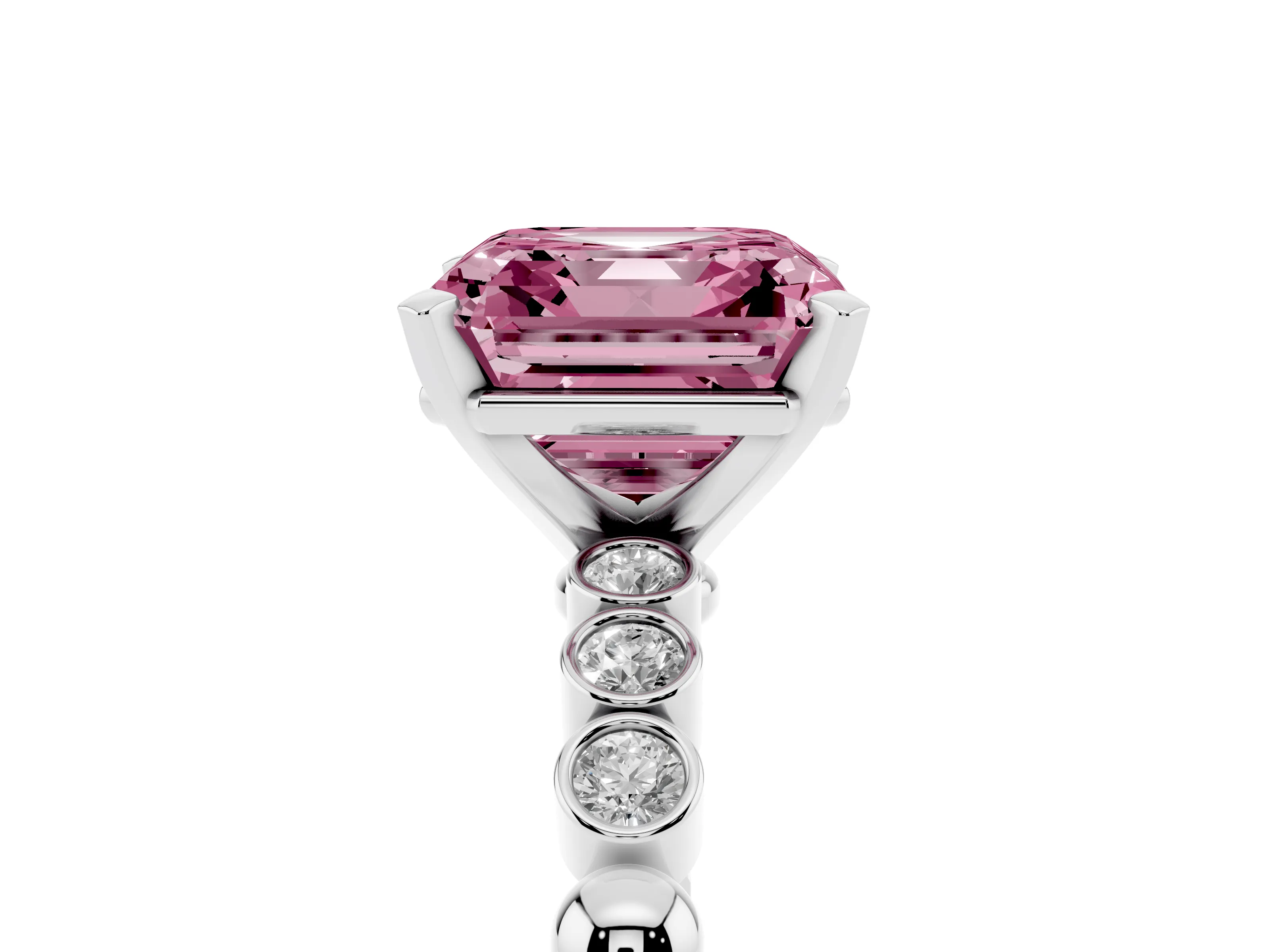 Fancy Pink Asscher Cut Diamond Solitaire Engagement Ring Set in Platinum with Bezel Accents on Beaded Band