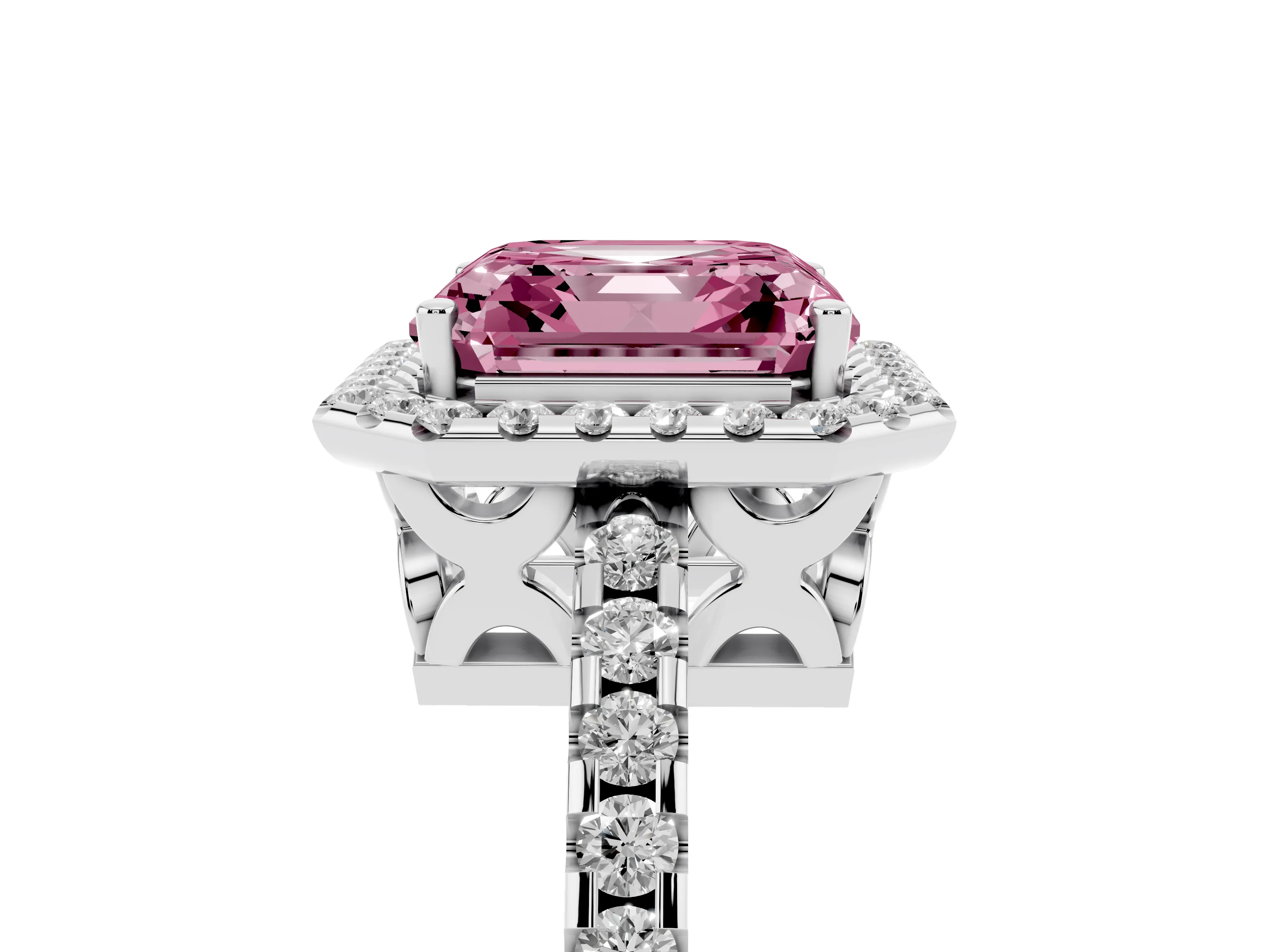 Fancy Pink Asscher Cut Diamond Halo Ring Set in Platinum with Pavé Shoulders and Halo-Framed Center