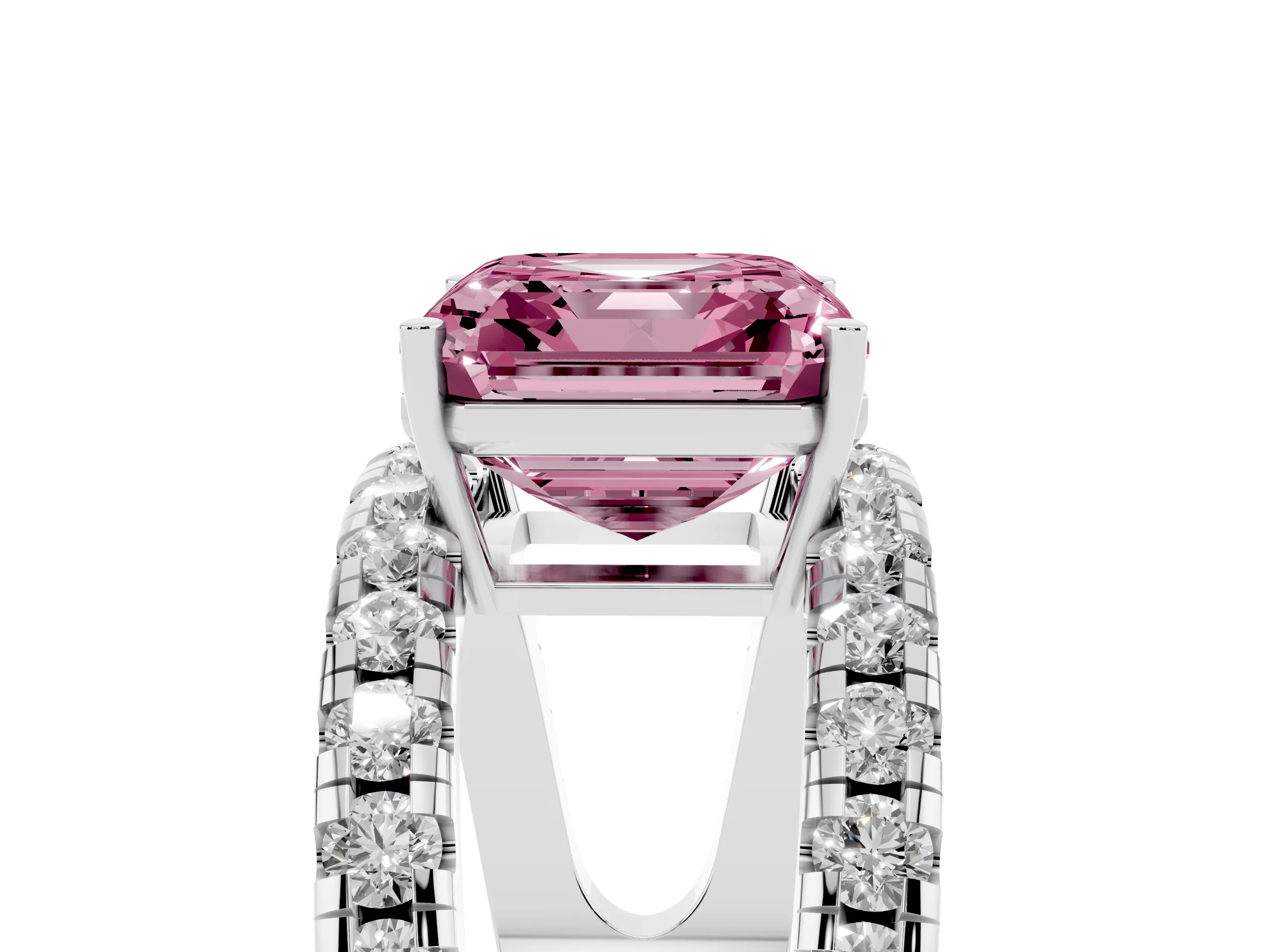 Fancy Pink Asscher Cut Diamond Split Shank Pavé Solitaire Ring Set in Platinum with Open Shank Design