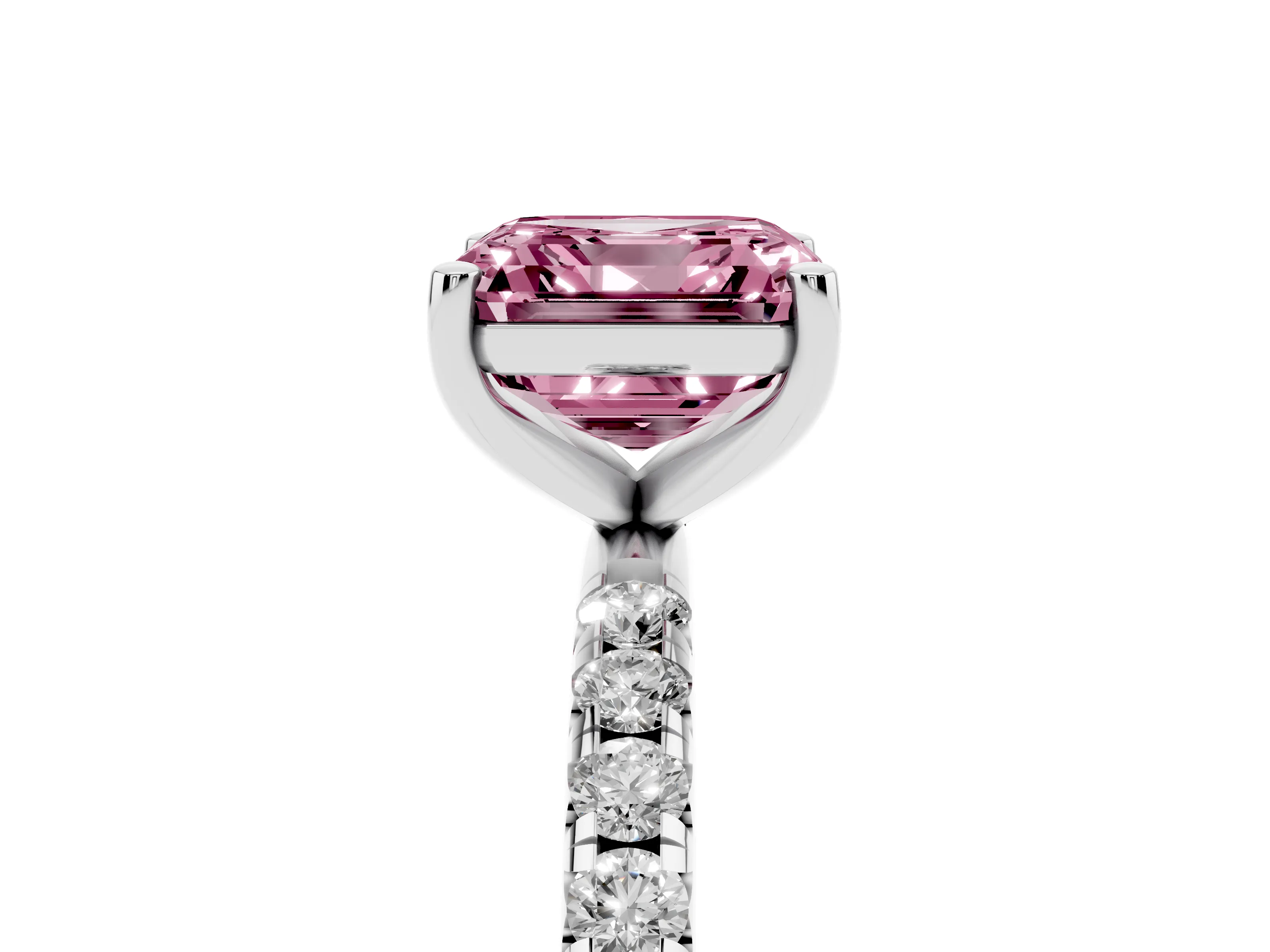 Fancy Pink Asscher Cut Diamond Solitaire Ring Set in Platinum with Micro Pavé Band and Prong Setting