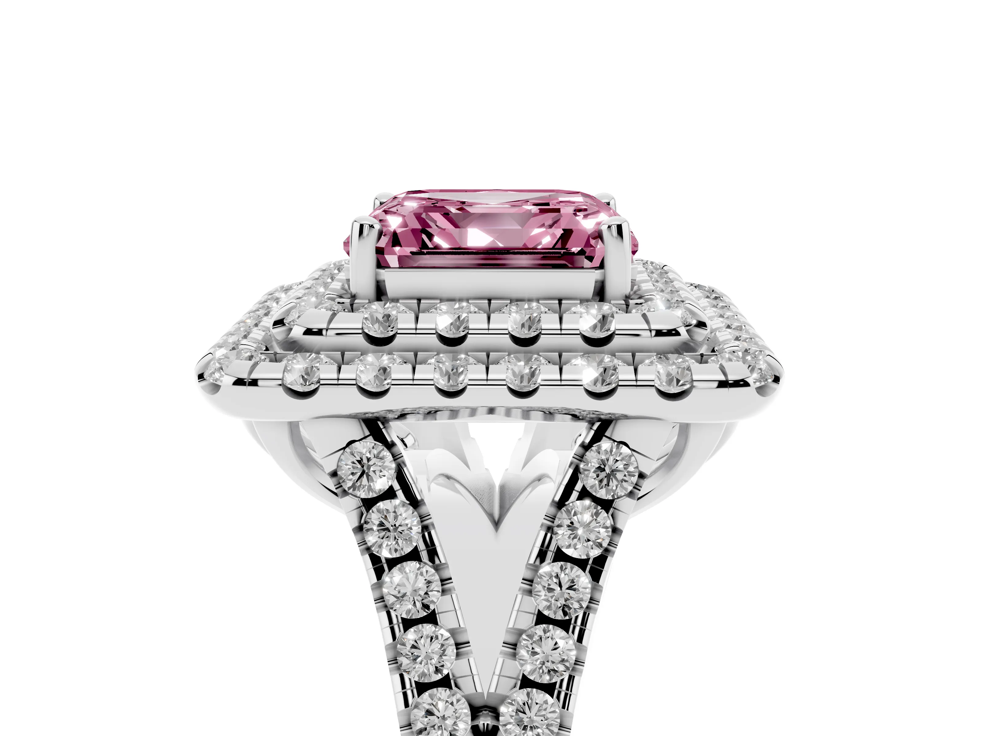Fancy Pink Asscher Cut Diamond Double Halo Ring Set in Silver with Pavé Split Shank and Prong Setting