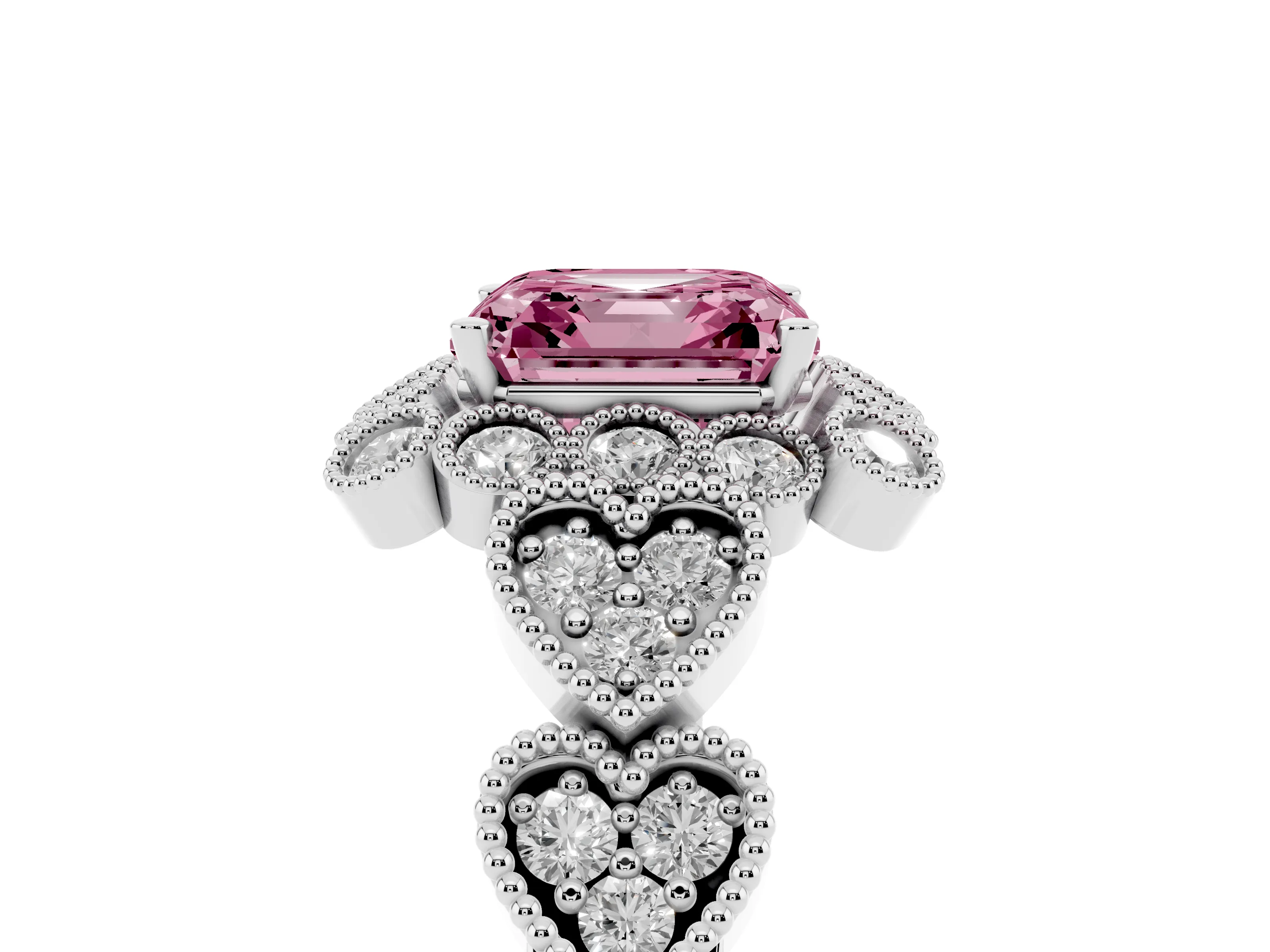 Fancy Pink Asscher Cut Diamond Solitaire Ring Set in Platinum with Milgrain Pavé Heart Band