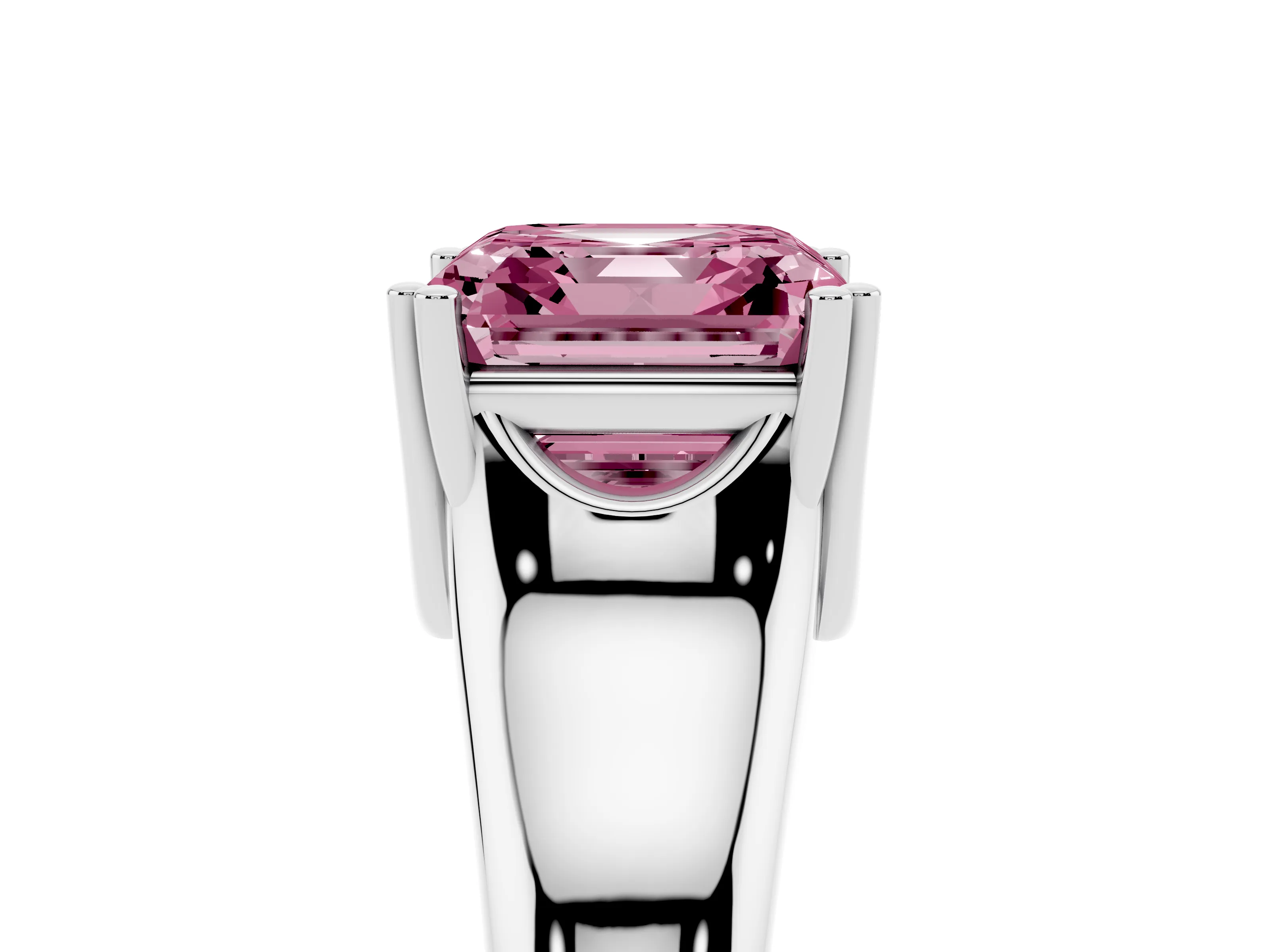 Fancy Pink Asscher Cut Diamond Solitaire Ring Set in Platinum with Wide Band and Prong Setting
