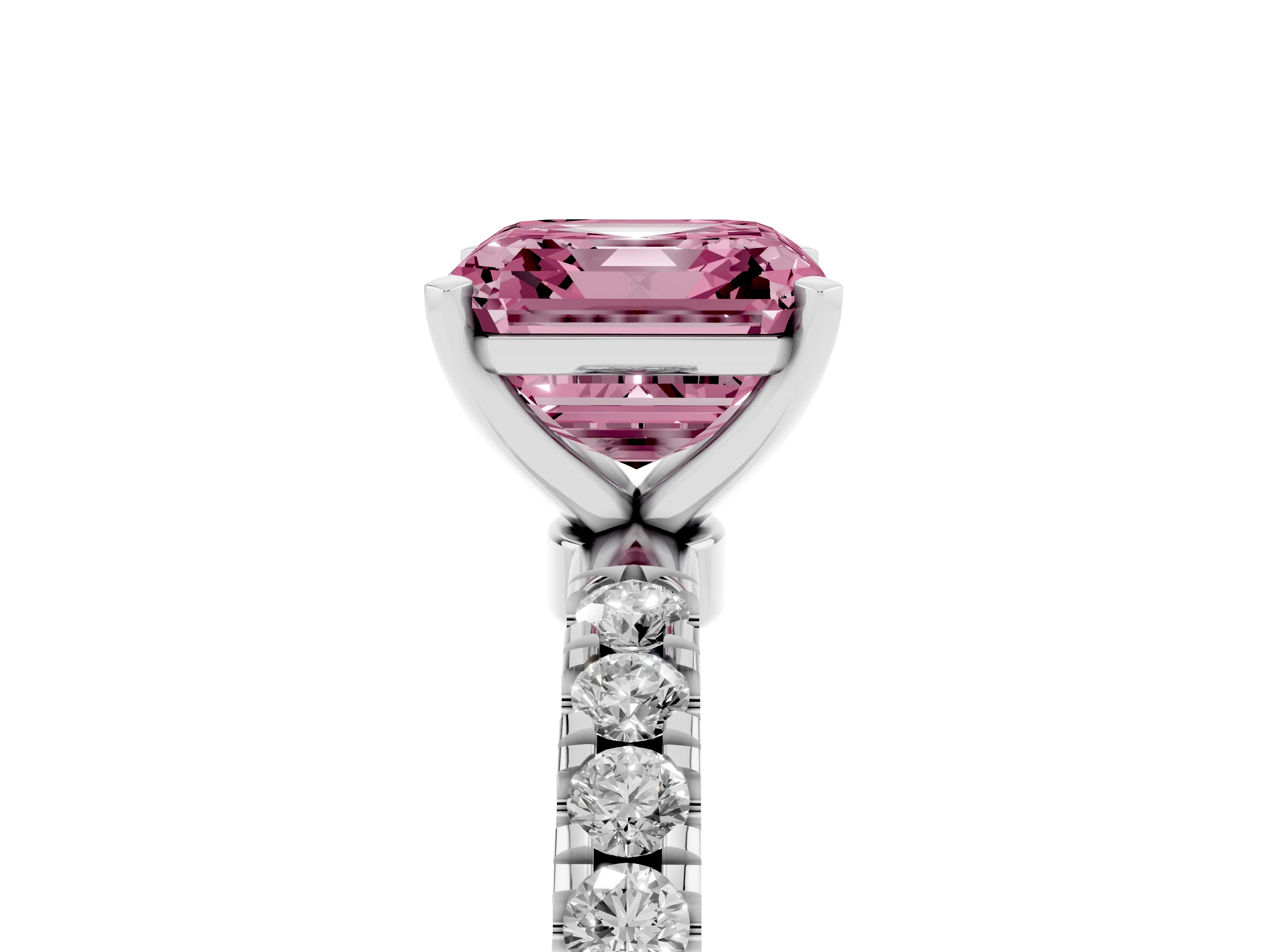 Fancy Pink Asscher Cut Diamond Solitaire Ring Set in Silver with Pavé Accents and Prong Setting