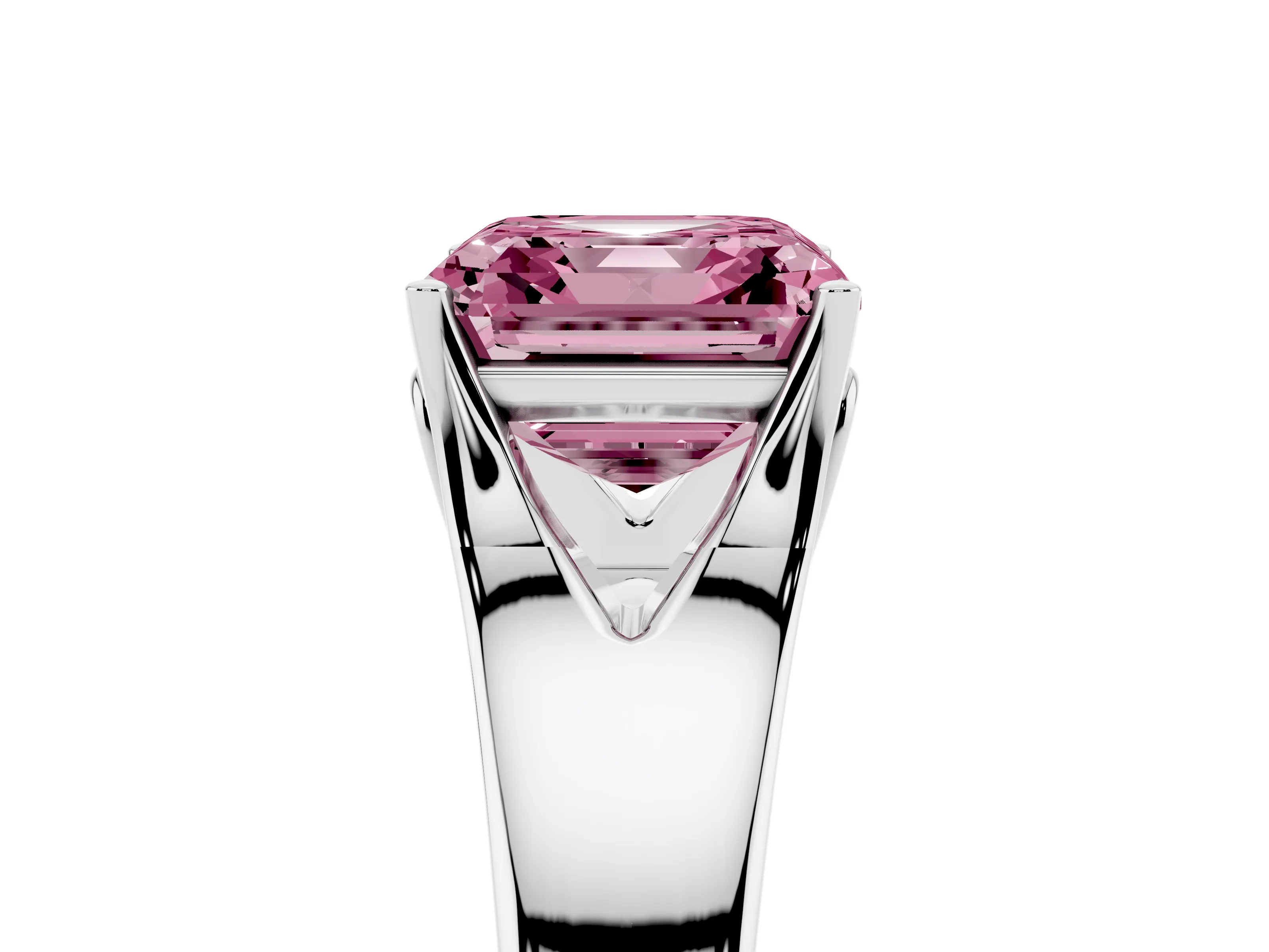 Fancy Pink Asscher Cut Diamond Solitaire Ring Set in Platinum with Arched Cathedral Band and Prong Setting