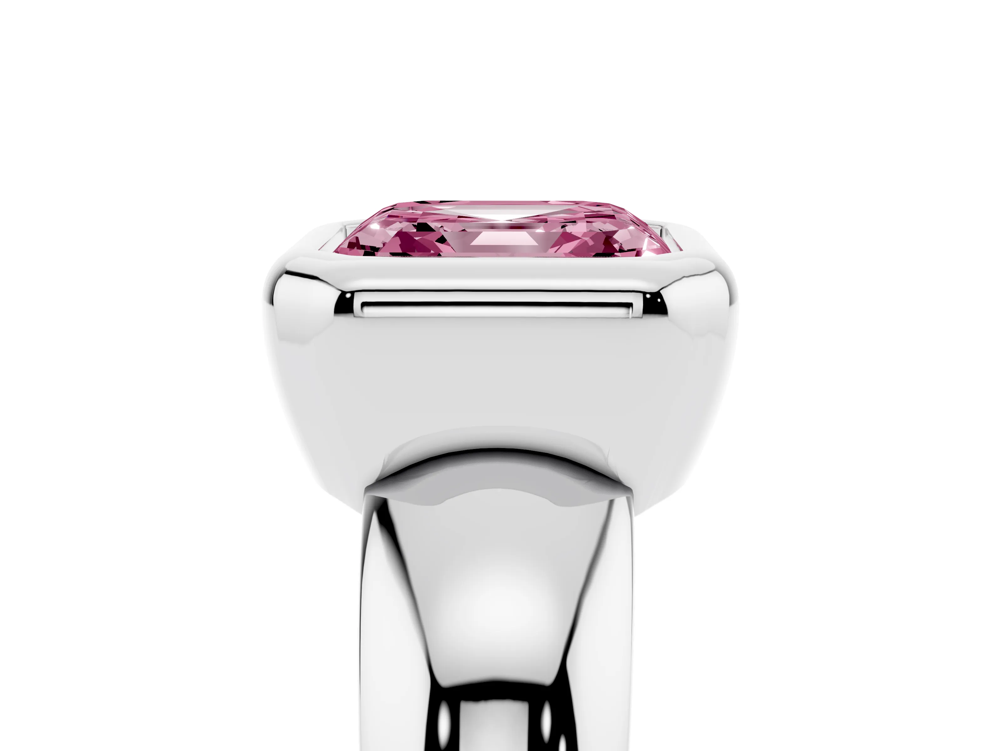 Fancy Pink Bezel Set Asscher Cut Diamond Solitaire Ring Set in Platinum with Wide Band