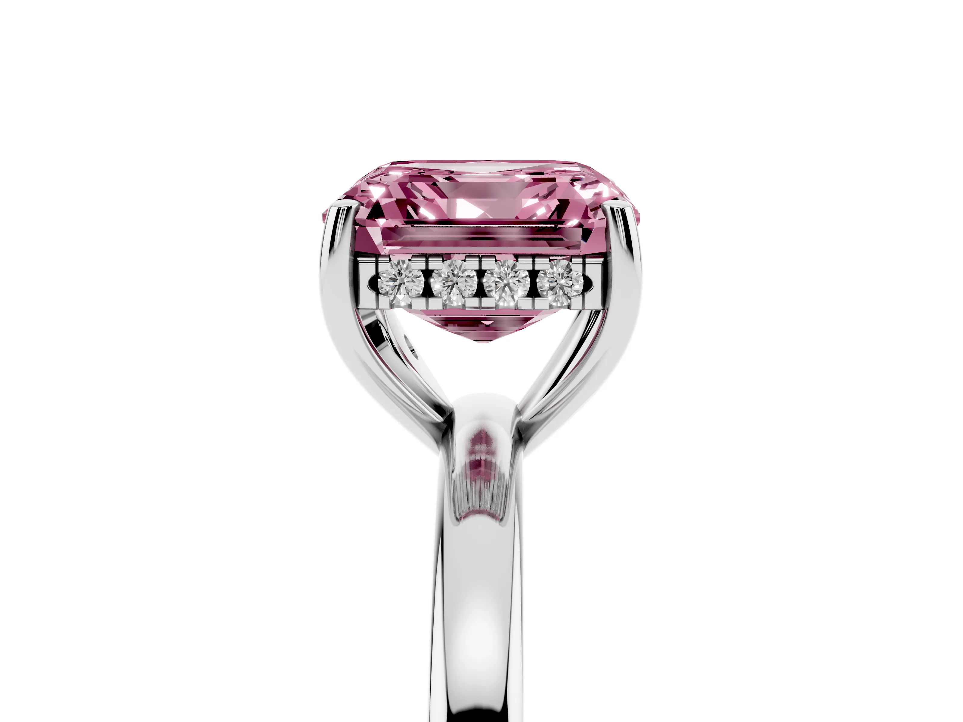 Fancy Pink Asscher Cut Diamond Solitaire Ring Set in Platinum with Plain Band and Prong Setting