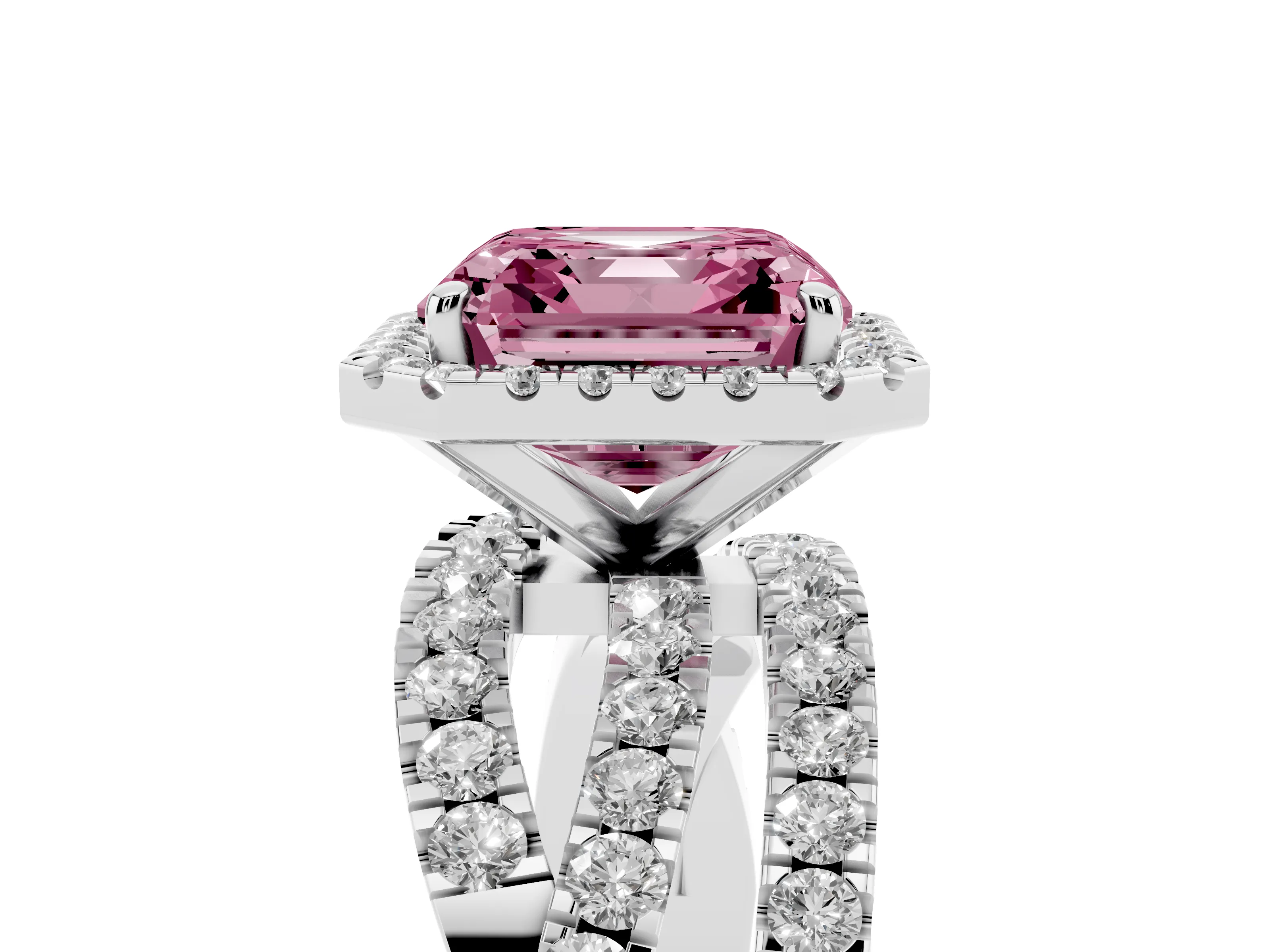Fancy Pink Asscher Cut Diamond Halo Ring Set in Platinum with Round Crossover Split Shank and Prong Setting