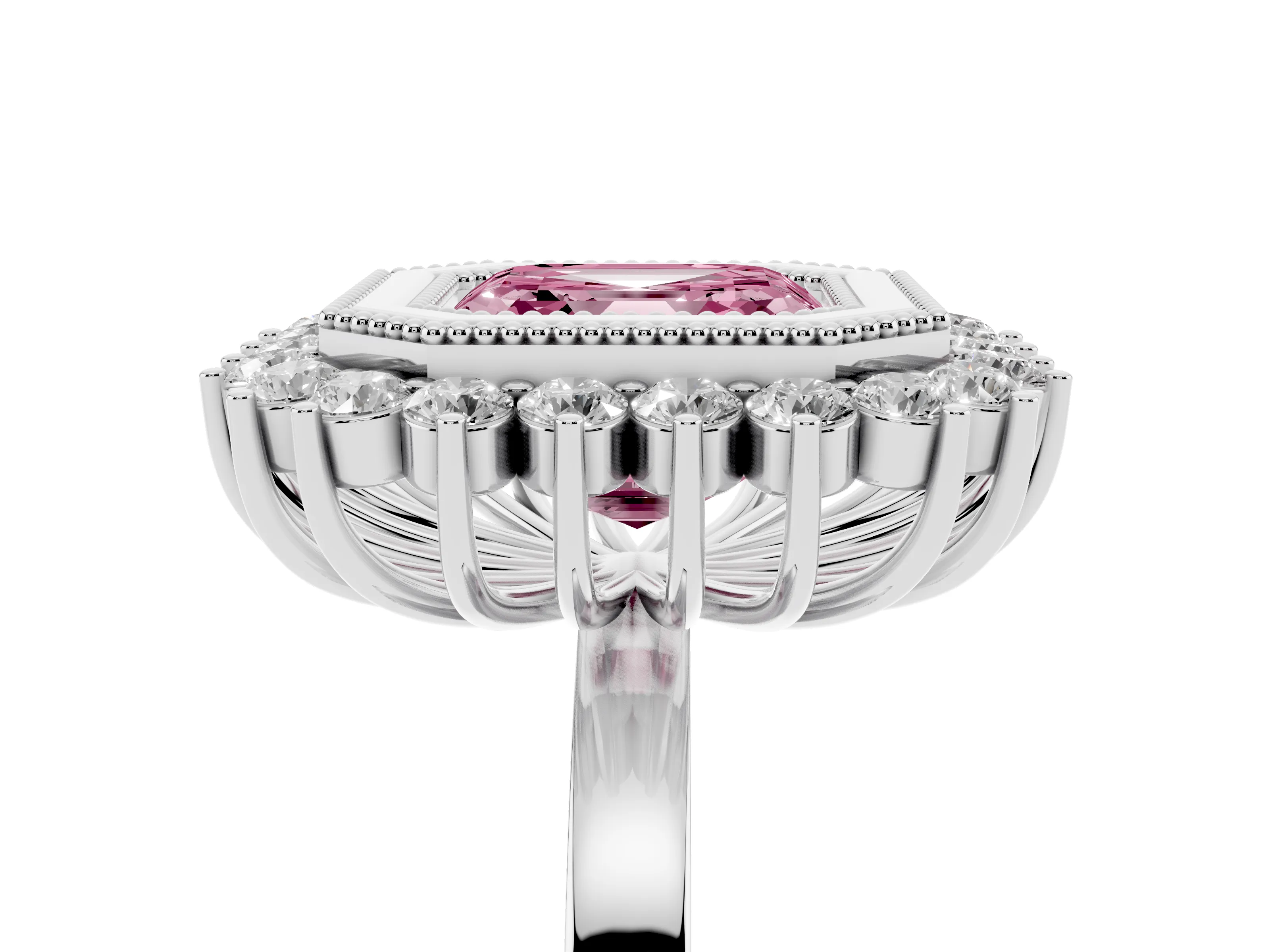 Fancy Pink Asscher Cut Diamond Halo Ring Set in Platinum with Milgrain Edge and Round Prong Setting