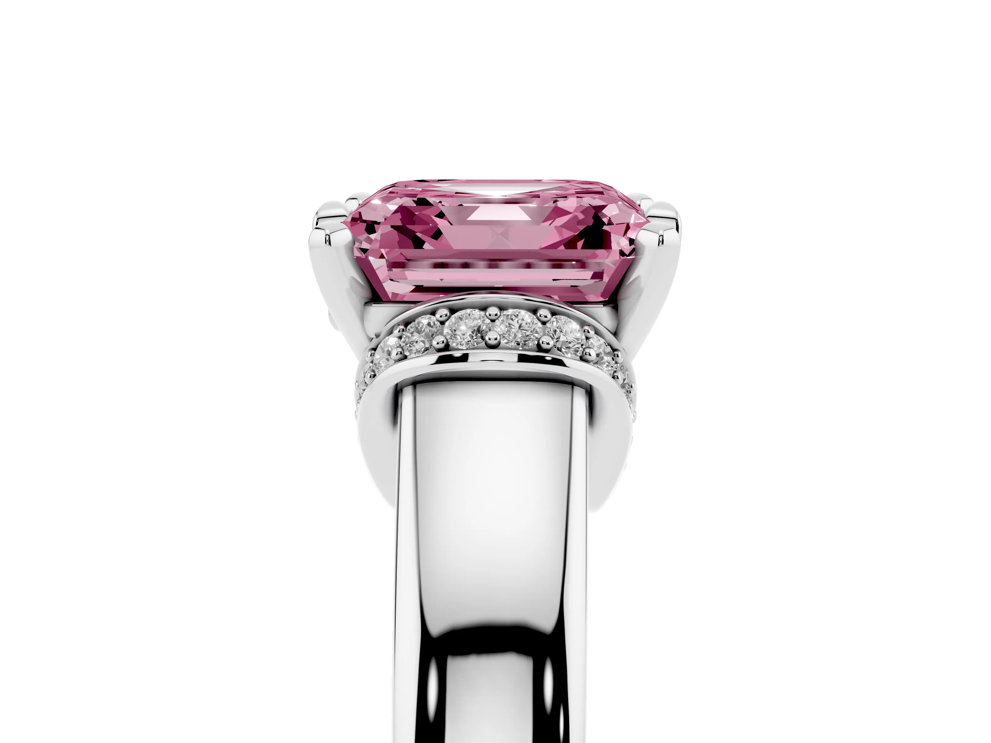 Fancy Pink Asscher Cut Diamond Pavé Band Solitaire Ring Set in Silver with Prong Setting