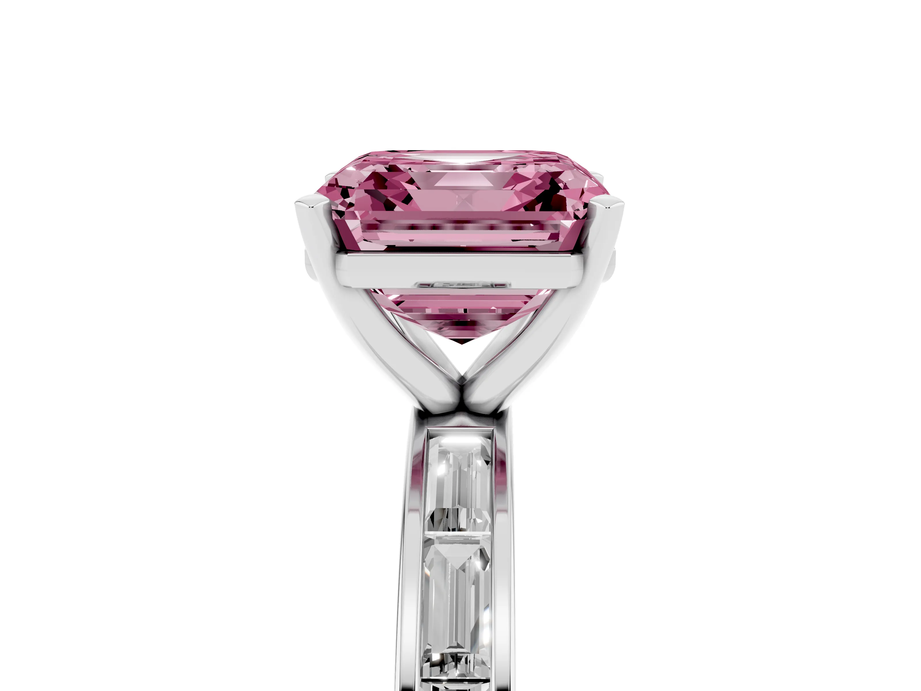 Fancy Pink Asscher Cut Diamond Solitaire Ring Set in Silver with Channel-Set Baguette Band and Prong Setting