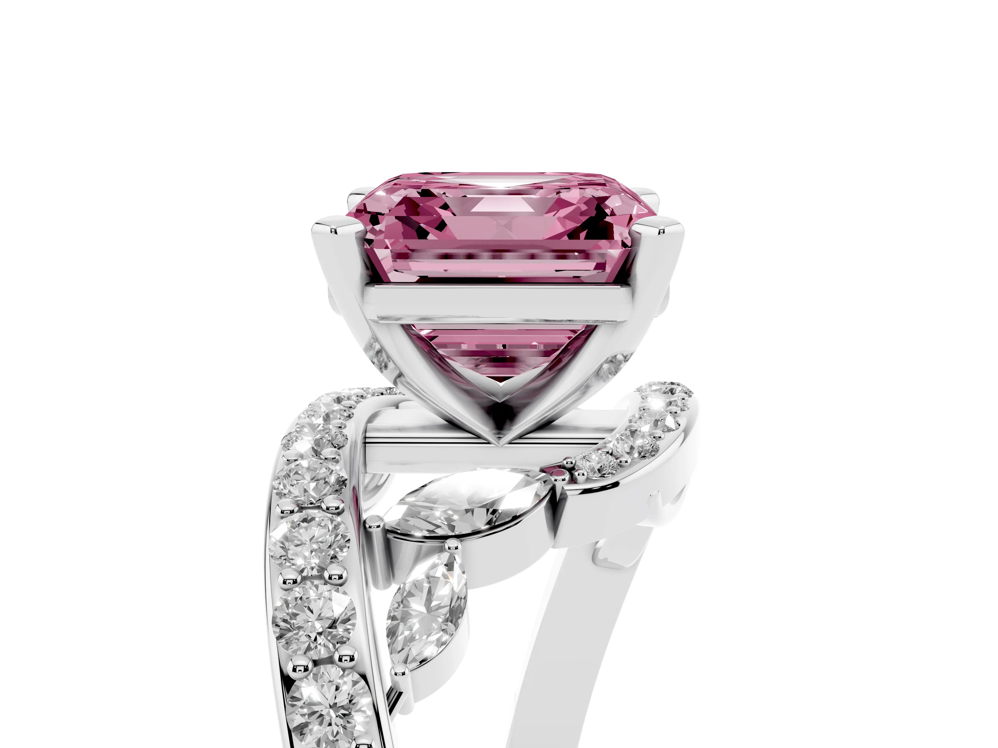 Fancy Pink Asscher Cut Diamond Solitaire Ring Set in Platinum with Pavé Twist Band and Secure Prong Setting