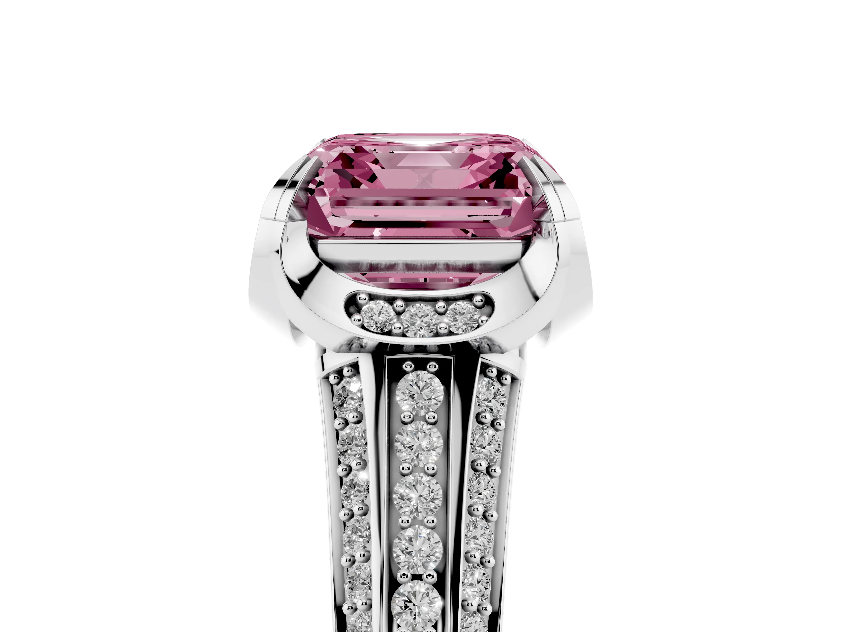 Fancy Pink Asscher Cut Diamond Pavé Split Shank Solitaire Ring Set in Platinum with Prong Setting