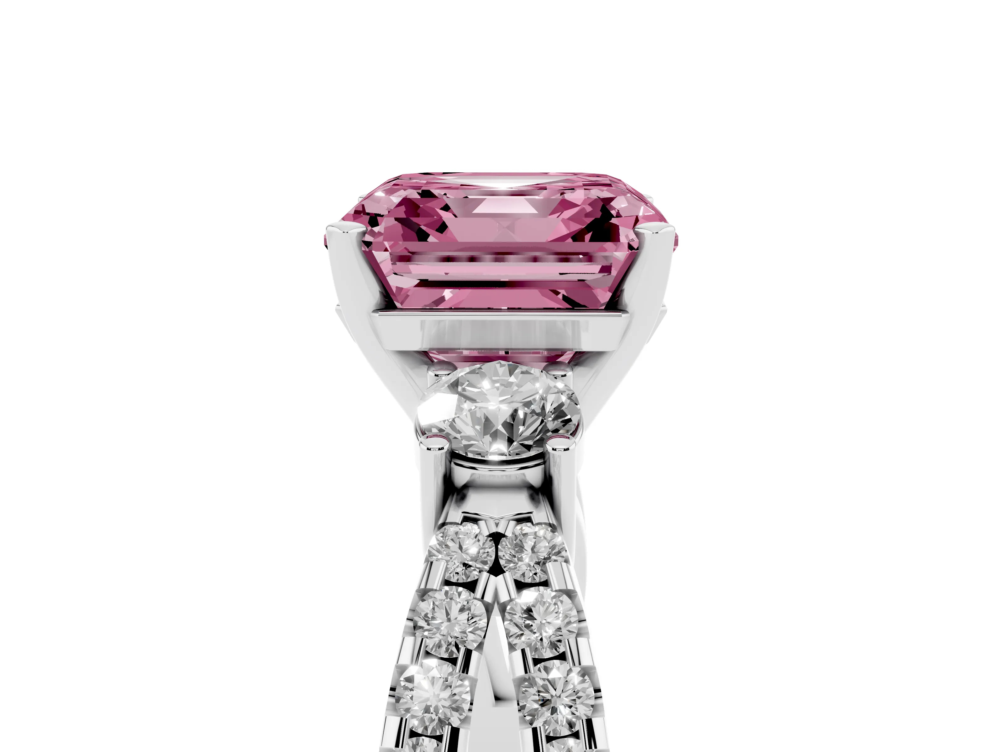 Fancy Pink Asscher Cut Diamond Three-Stone Ring Set in Platinum with Pavé Split Shank and Prong Setting