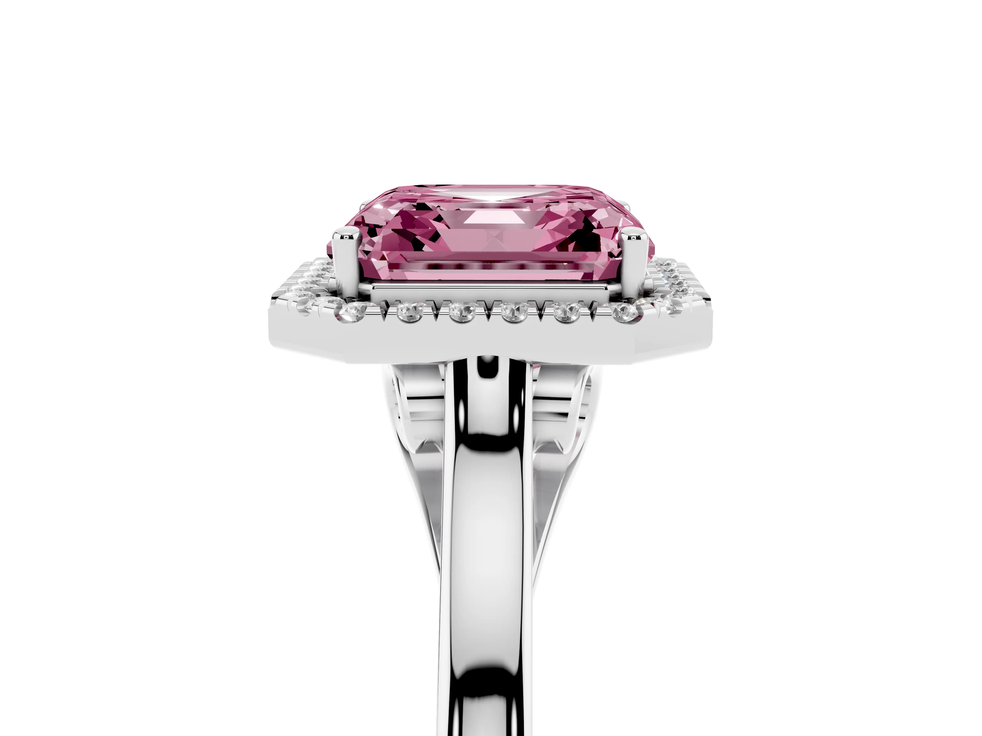 Fancy Pink Asscher Cut Halo Round Diamond Solitaire Ring Set in Silver with Pavé Band and Prong Setting