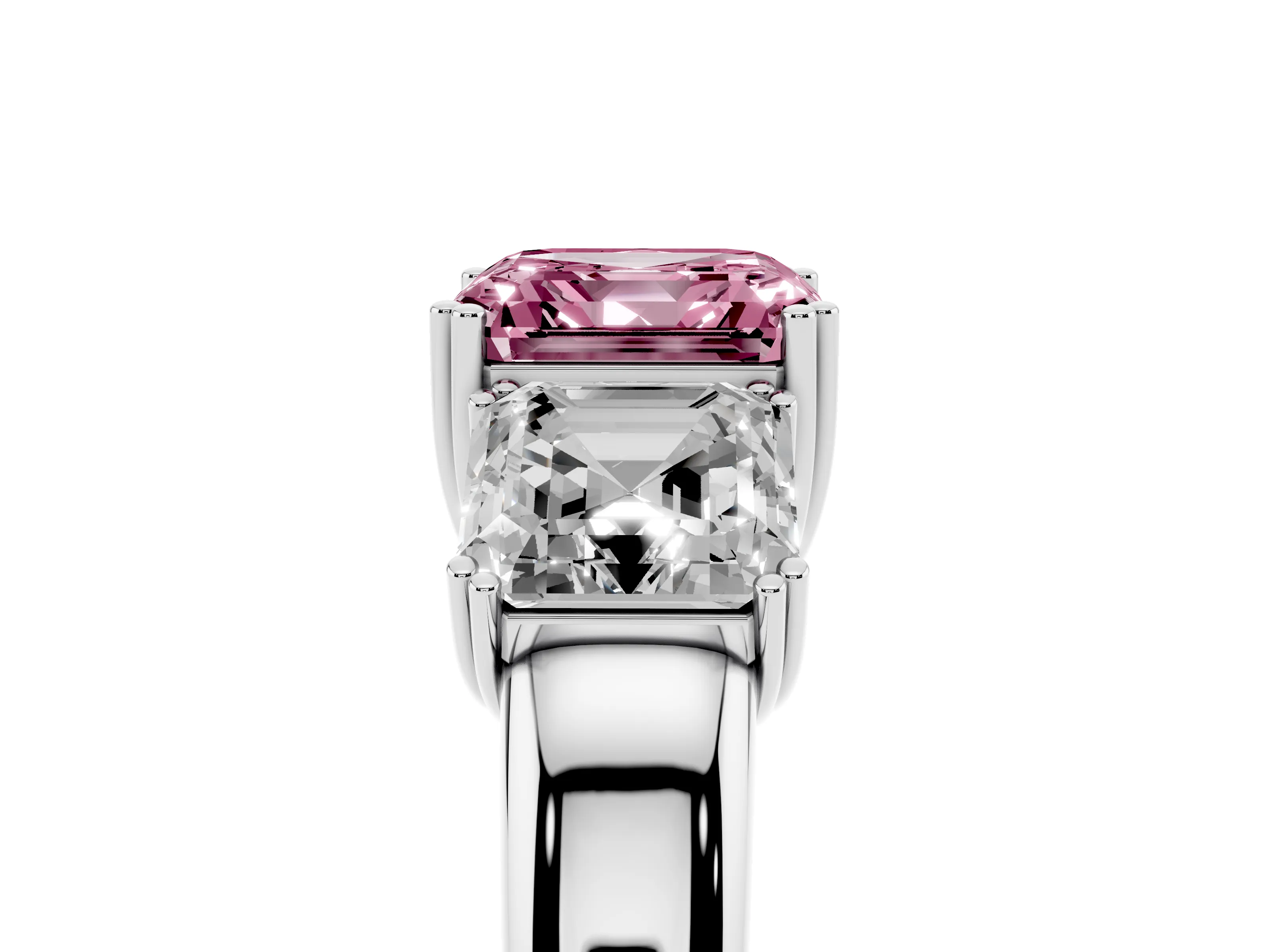Fancy Pink Asscher Cut Diamond Three-Stone Ring Set in Silver with Polished Band and Prong Setting