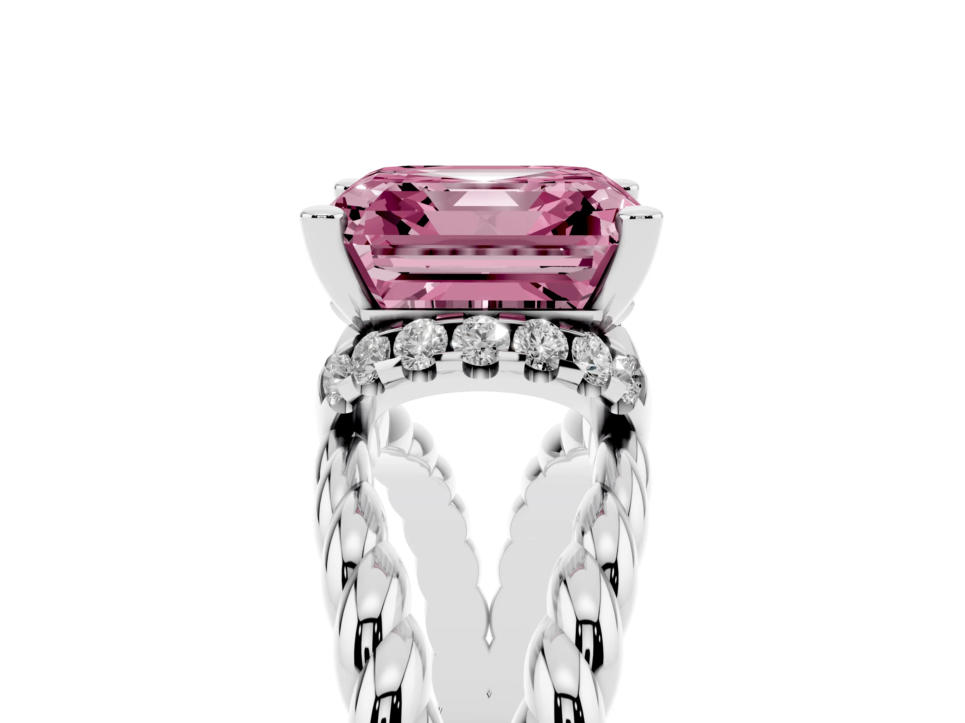 Fancy Pink Asscher Cut Diamond Halo Ring Set in White gold with Twisted Band and Prong Setting