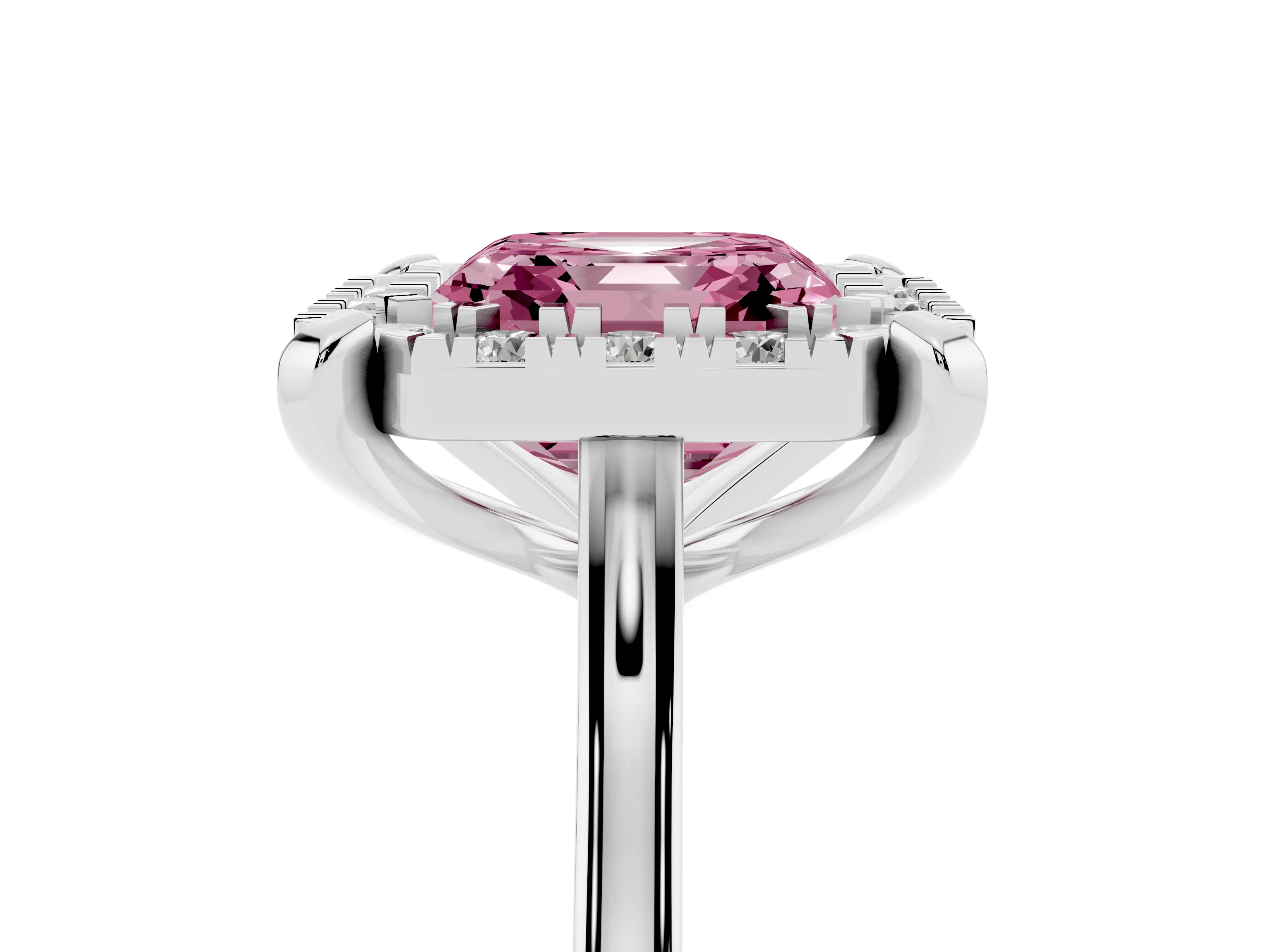 Fancy Pink Asscher Cut Diamond Cluster Halo Solitaire Ring Set in Silver with Prong Setting