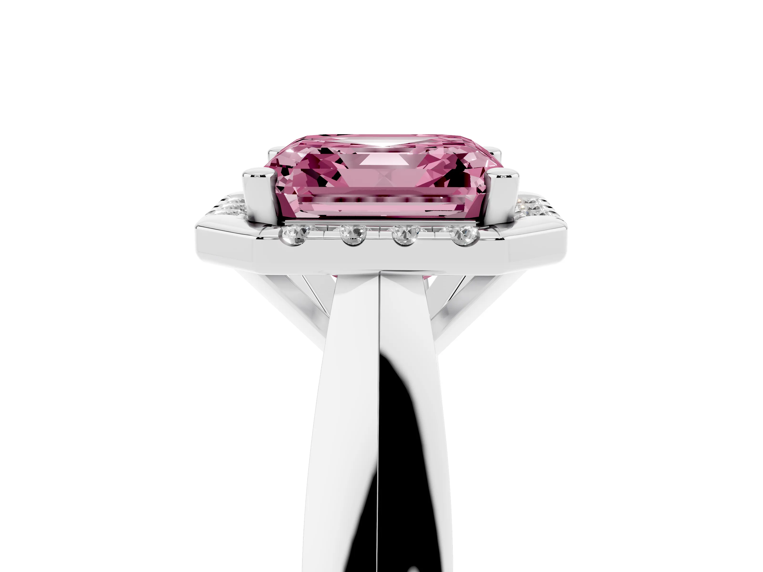 Fancy Pink Asscher Cut Diamond Halo Solitaire Engagement Ring Set in Platinum with Square Band and Prong Setting