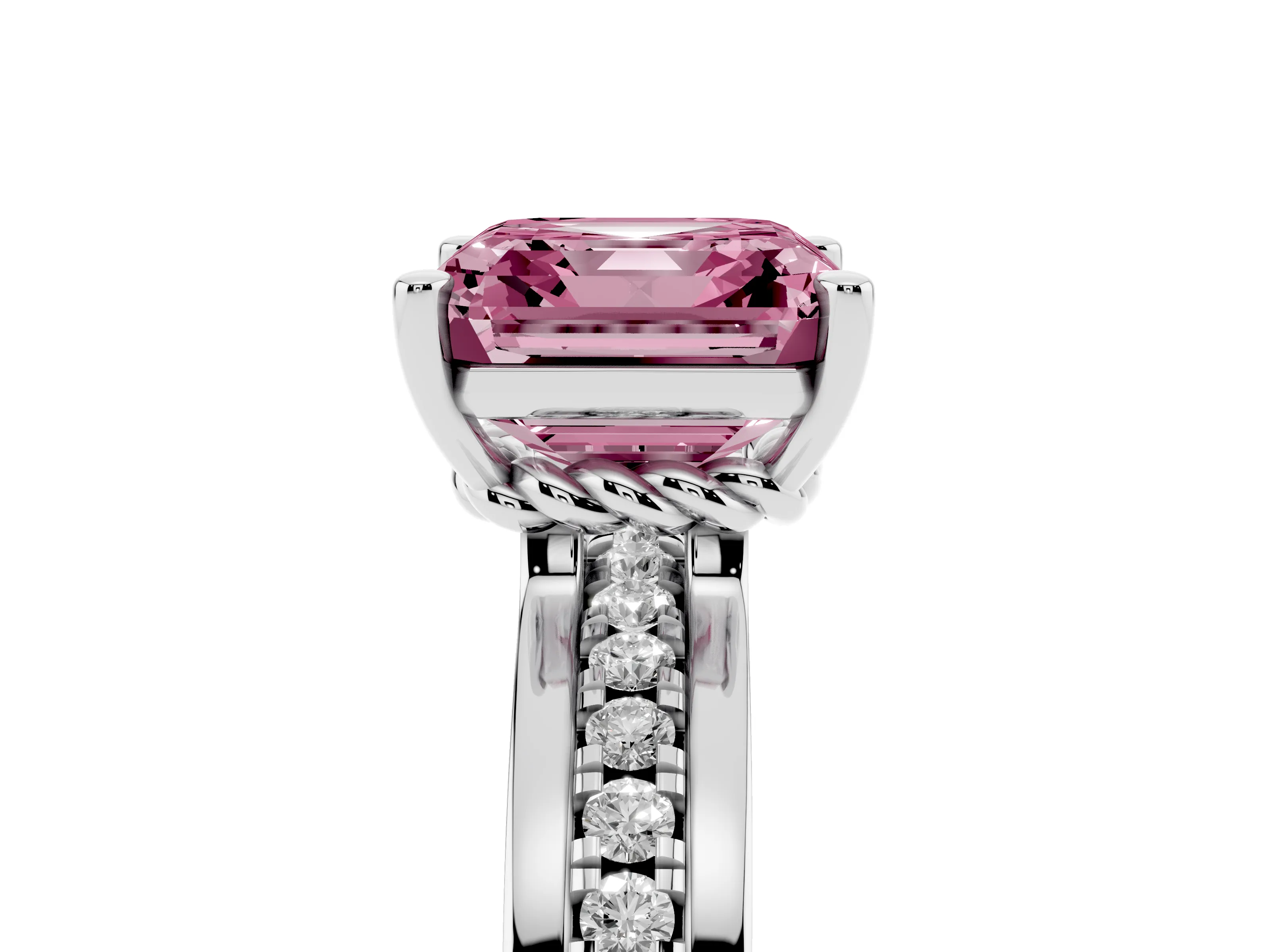 Fancy Pink Asscher Cut Diamond Solitaire Ring Set in White gold with Channel Set Band and Prong Setting