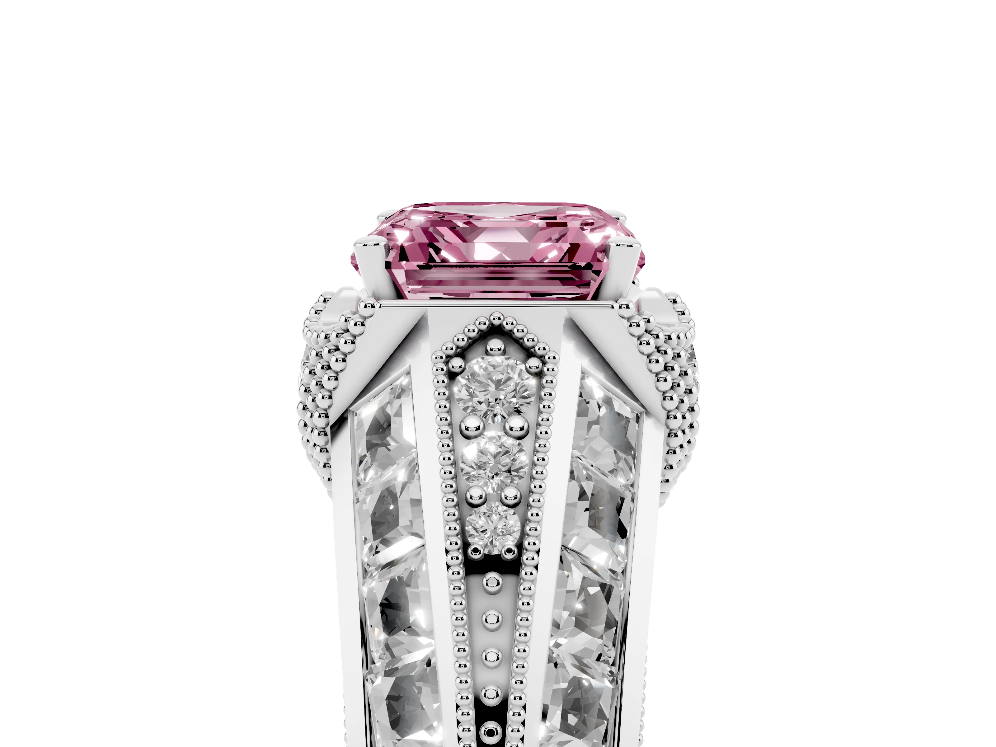 Fancy Pink Asscher Cut Diamond Vintage-Inspired Milgrain Ring Set in Platinum with Accent Split Shank