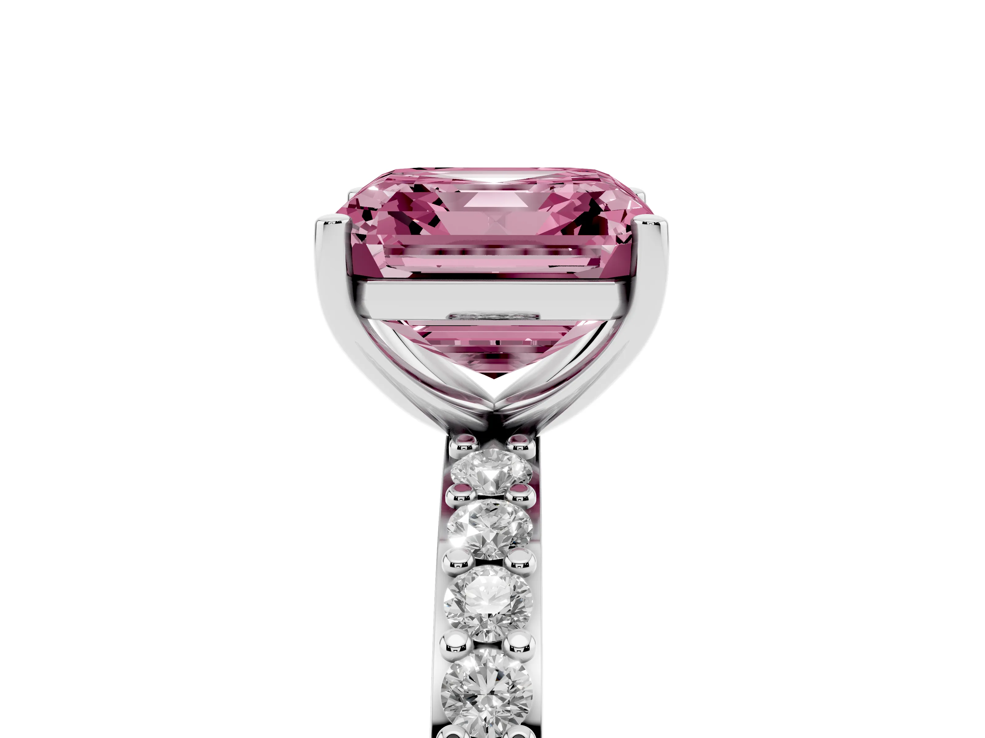 Fancy Pink Asscher Cut Diamond Solitaire Set in White gold with Round Pavé Band and Prong Setting