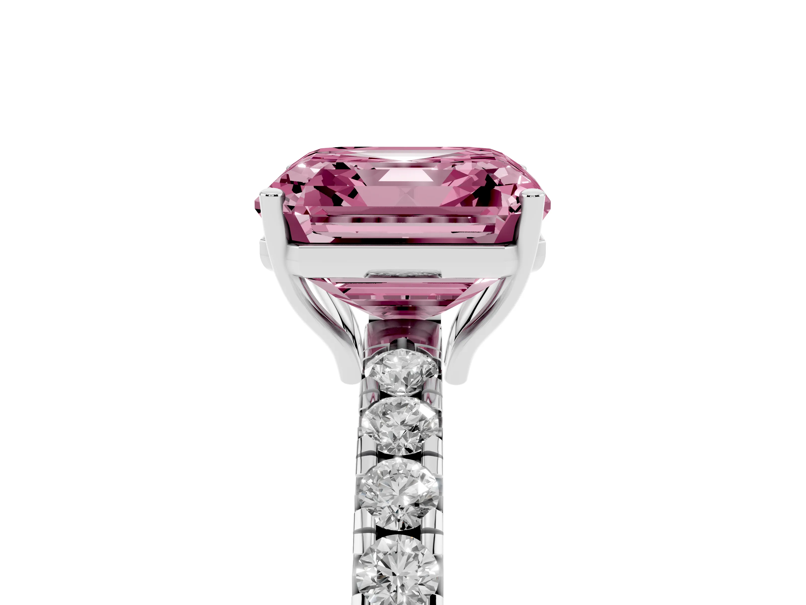Fancy Pink Asscher Cut Diamond Pavé Solitaire Engagement Ring Set in Platinum with Prong Setting
