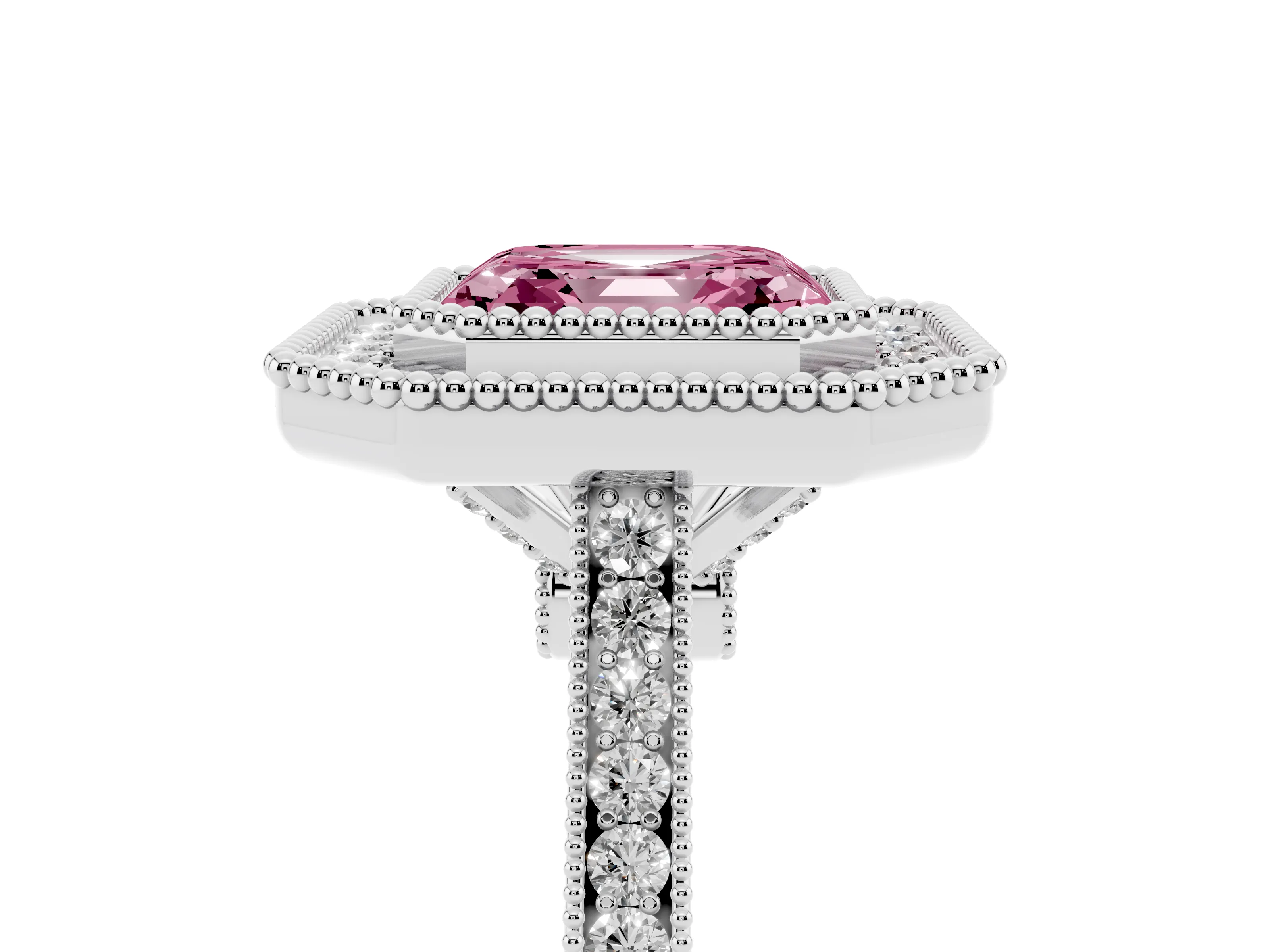 Fancy Pink Asscher Cut Diamond Halo Ring Set in White gold with Milgrain Frame and Pavé Band