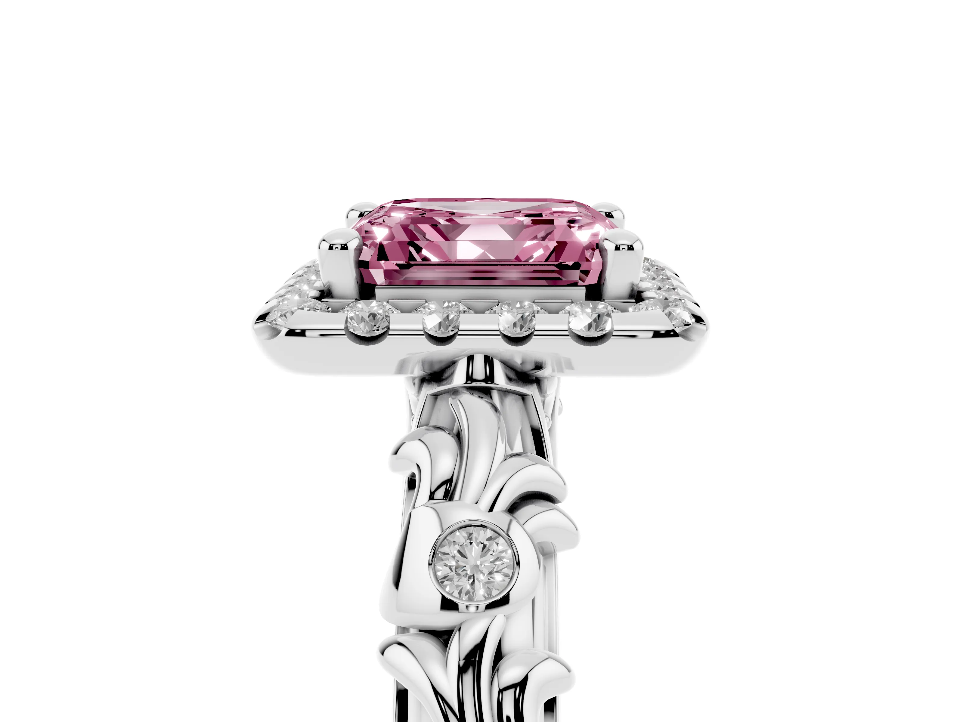 Fancy Pink Asscher Cut Diamond Halo Ring Set in Platinum with Filigree Leaf Band and Prong Setting