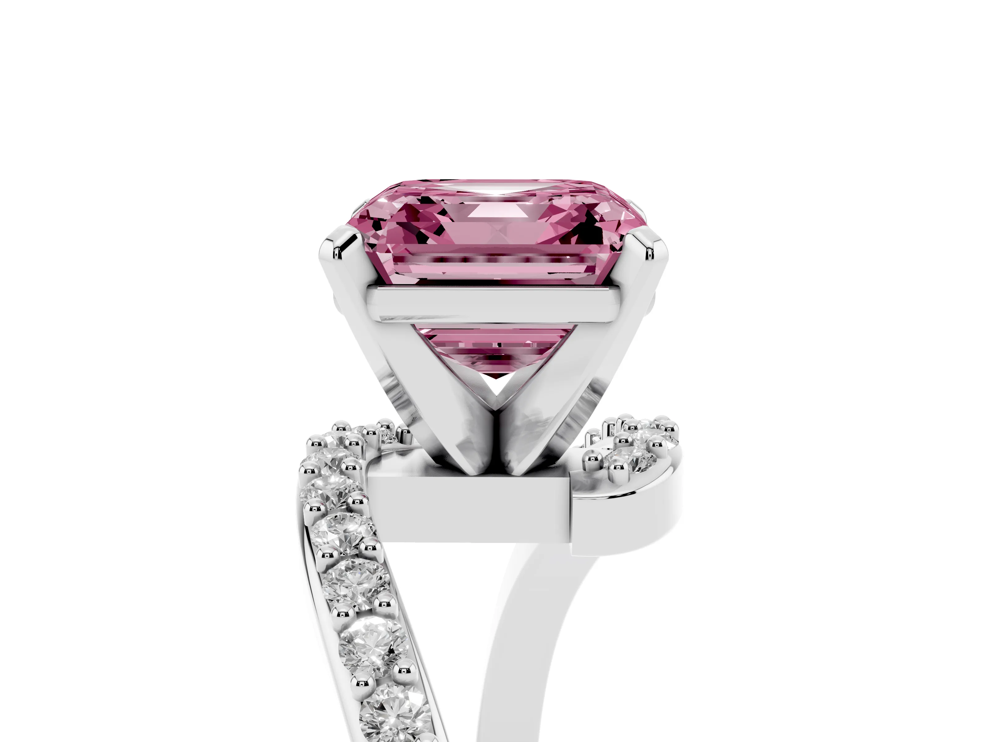 Fancy Pink Asscher Cut Diamond Solitaire Ring Set in Platinum with Pavé Twist Band and Prong Setting
