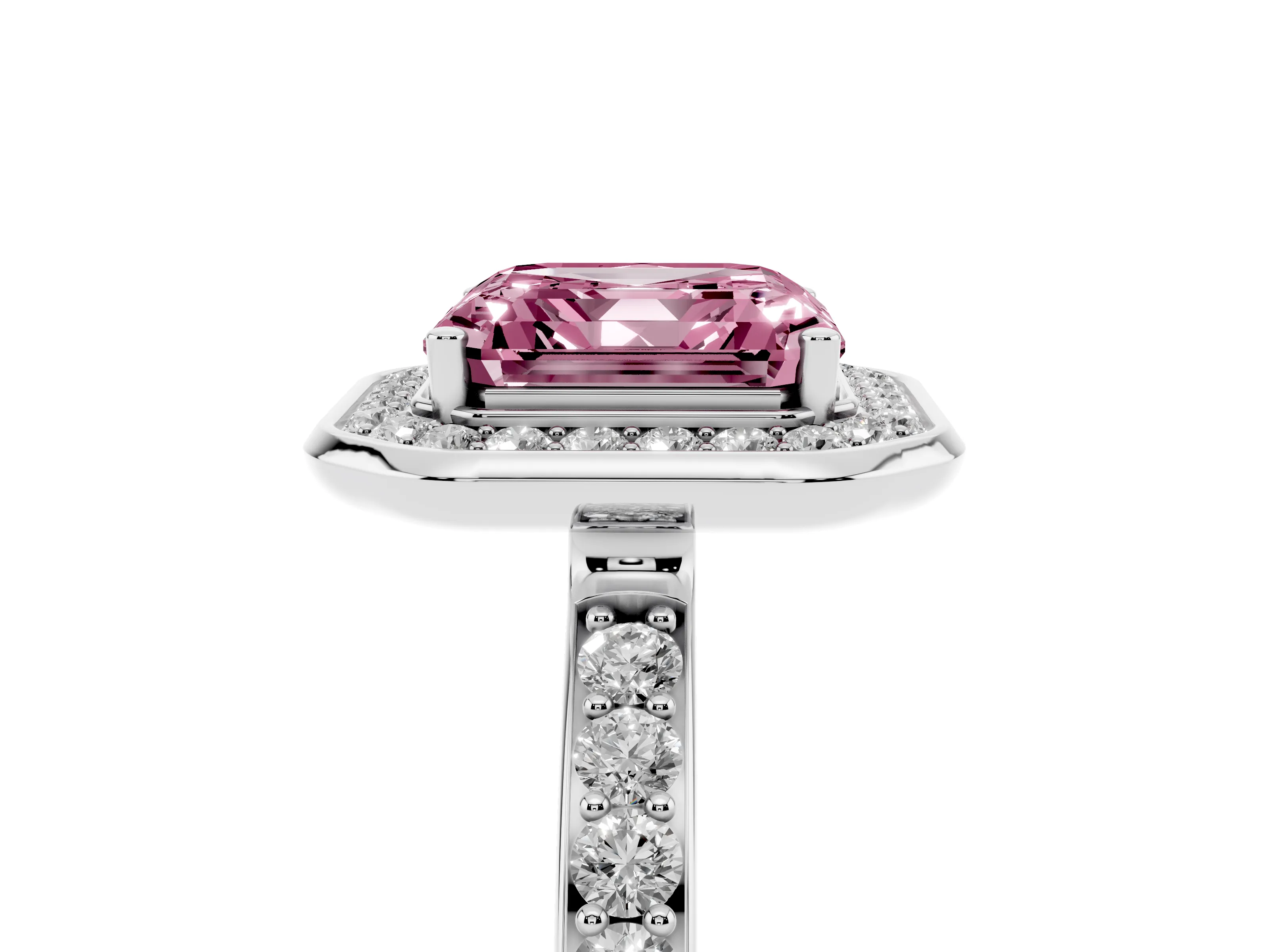 Fancy Pink Asscher Cut Diamond Halo Ring Set in White gold with Bezel Frame and Pavé Band