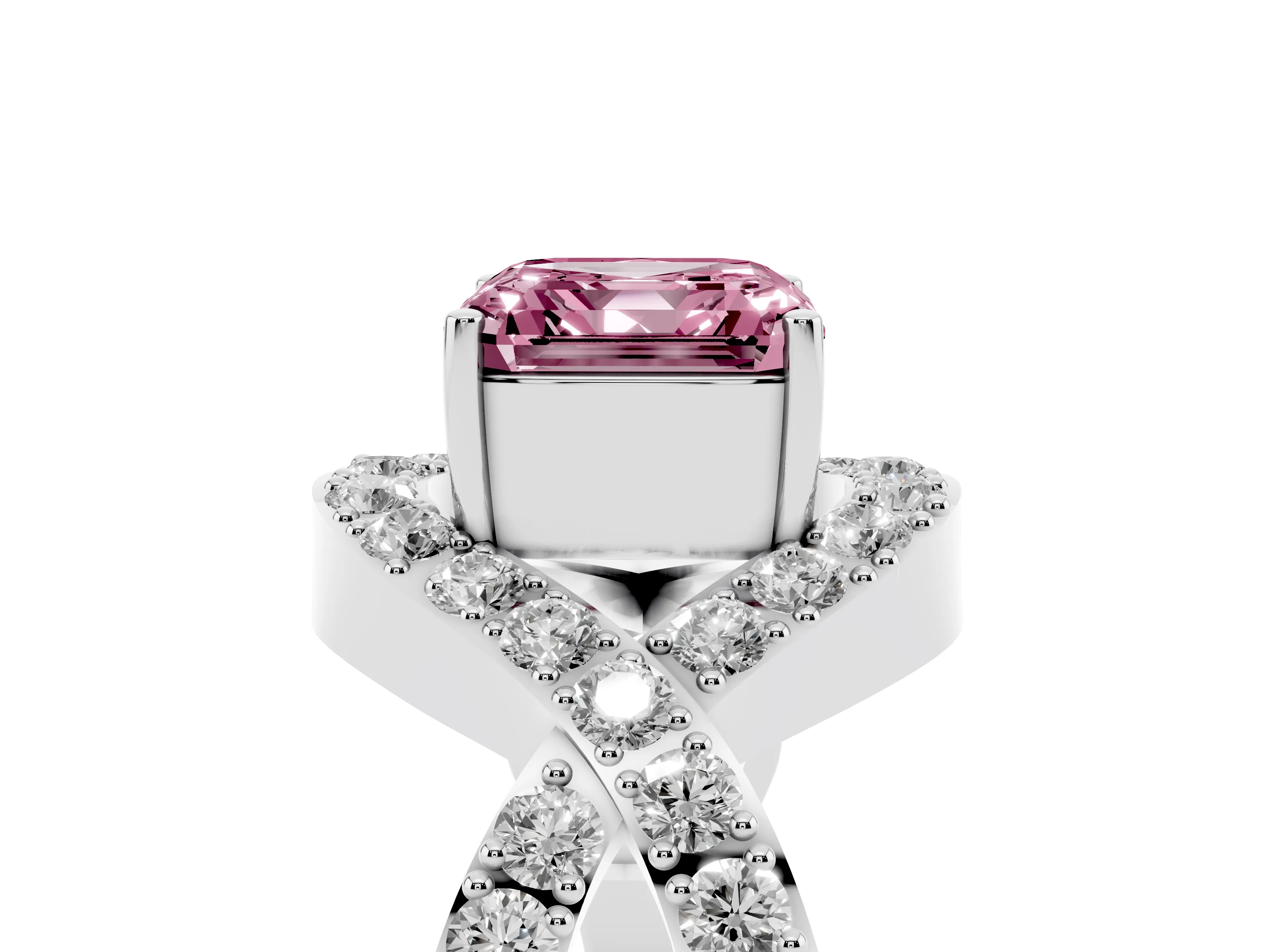 Fancy Pink Asscher Cut Diamond Solitaire Twist Band Pavé Engagement Ring Set in Platinum