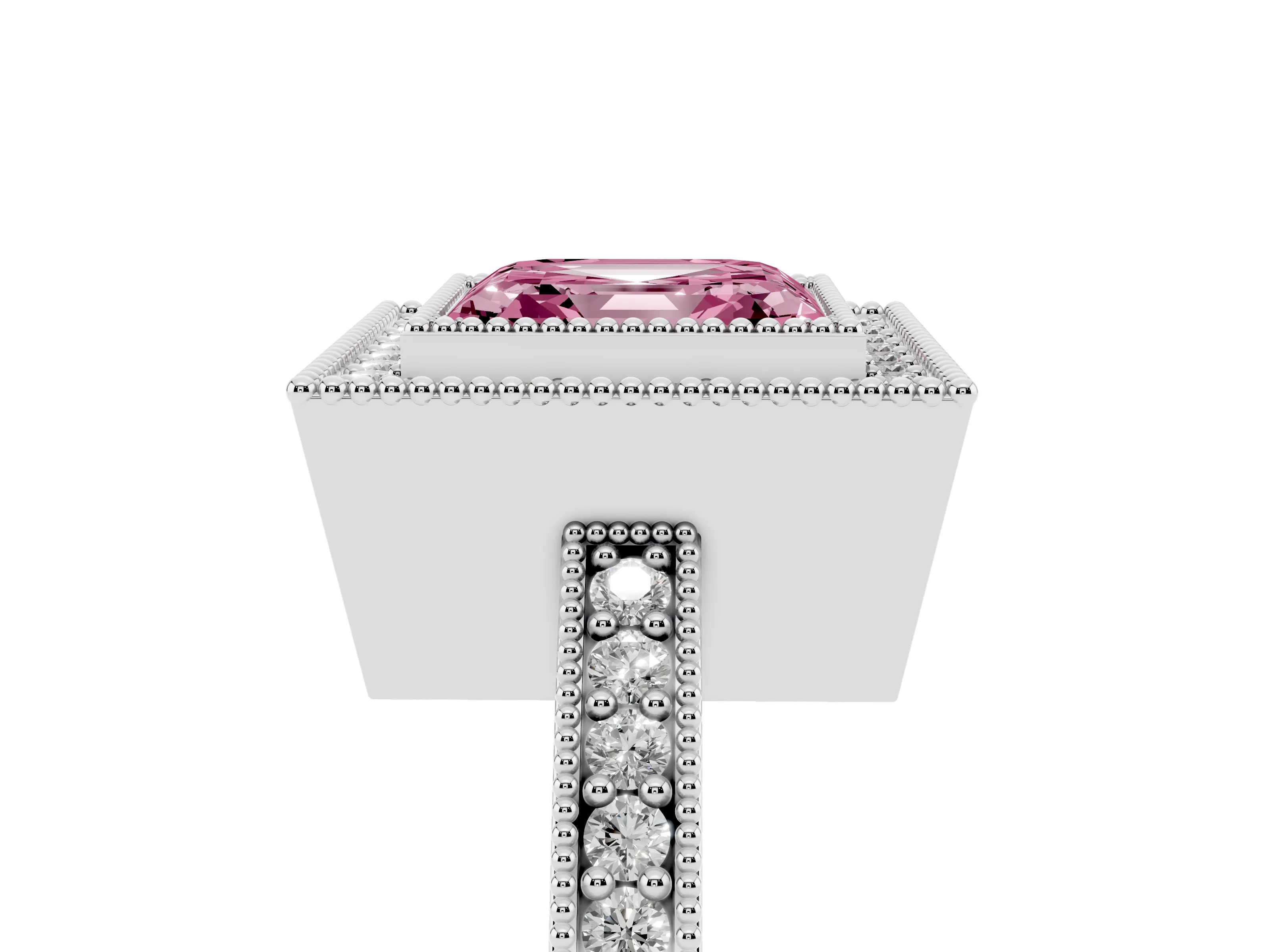 Fancy Pink Asscher Cut Diamond Halo Engagement Ring Set in White gold with Pavé Band and Round Halo Stones