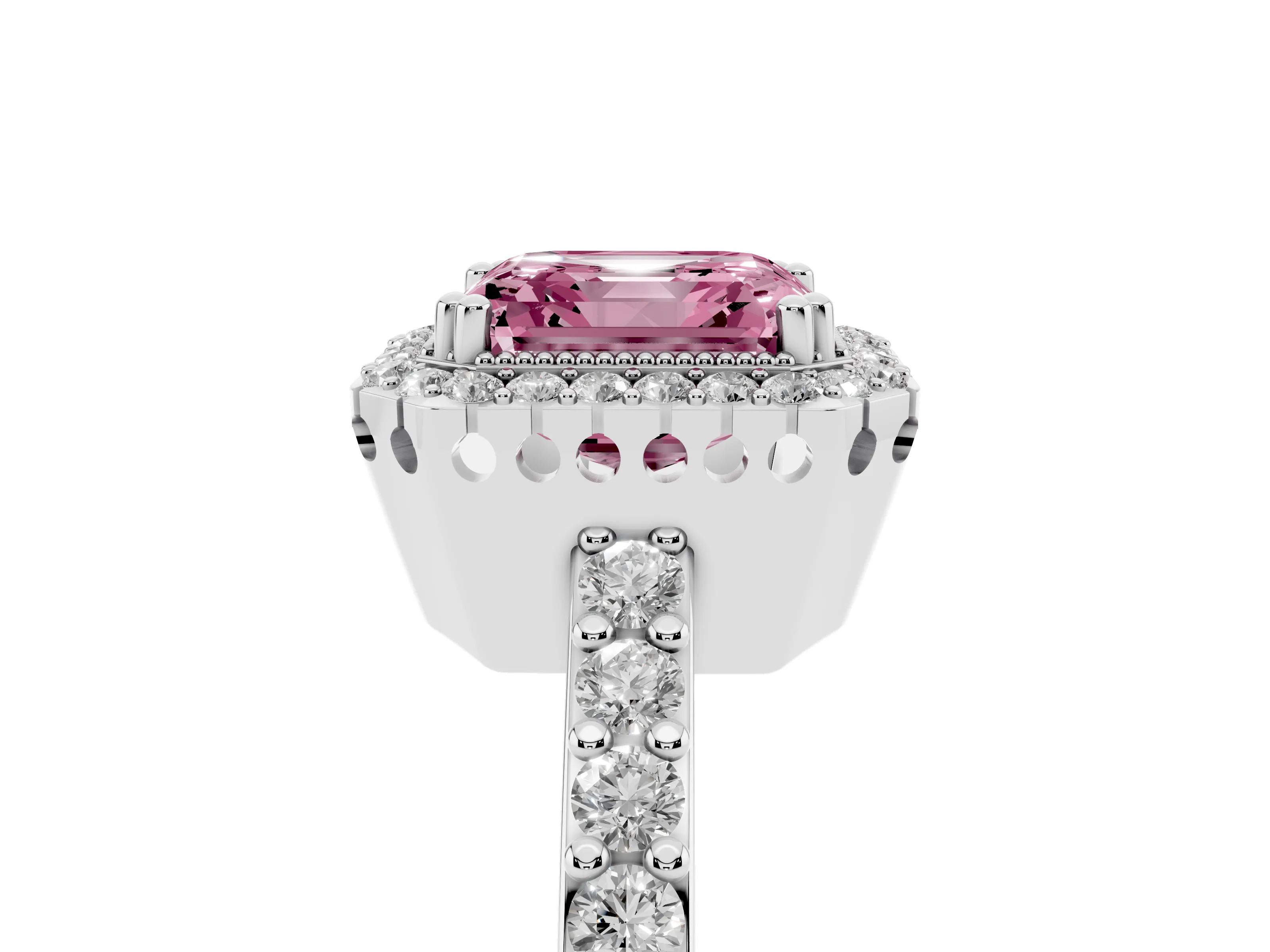 Fancy Pink Asscher Cut Diamond Halo Engagement Ring Set in White gold with Milgrain Detail and Pavé Band