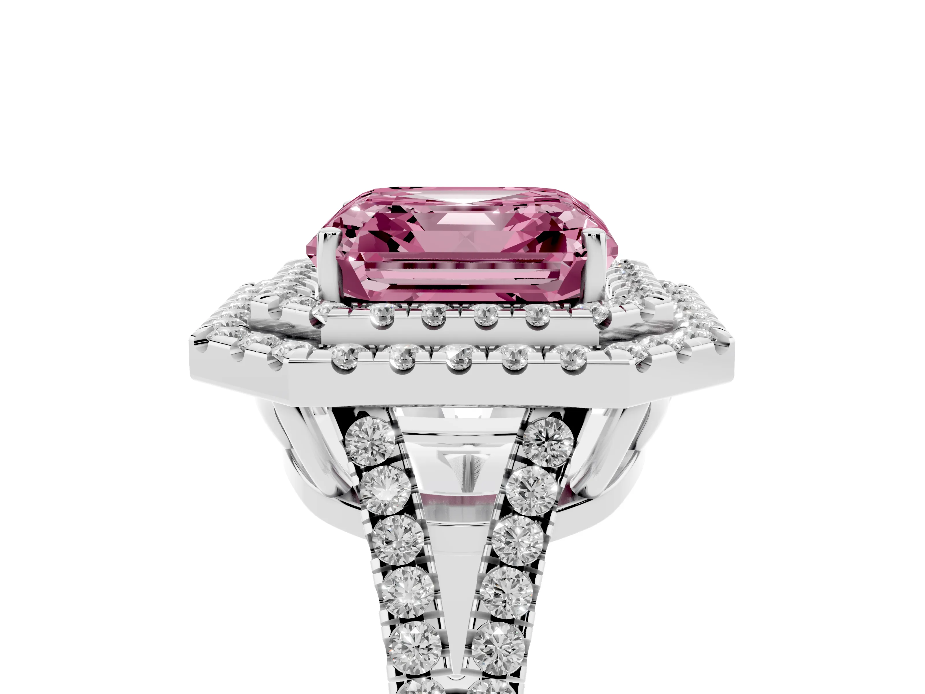 Fancy Pink Asscher Cut Diamond Double Halo Ring Set in Platinum with Pavé Band