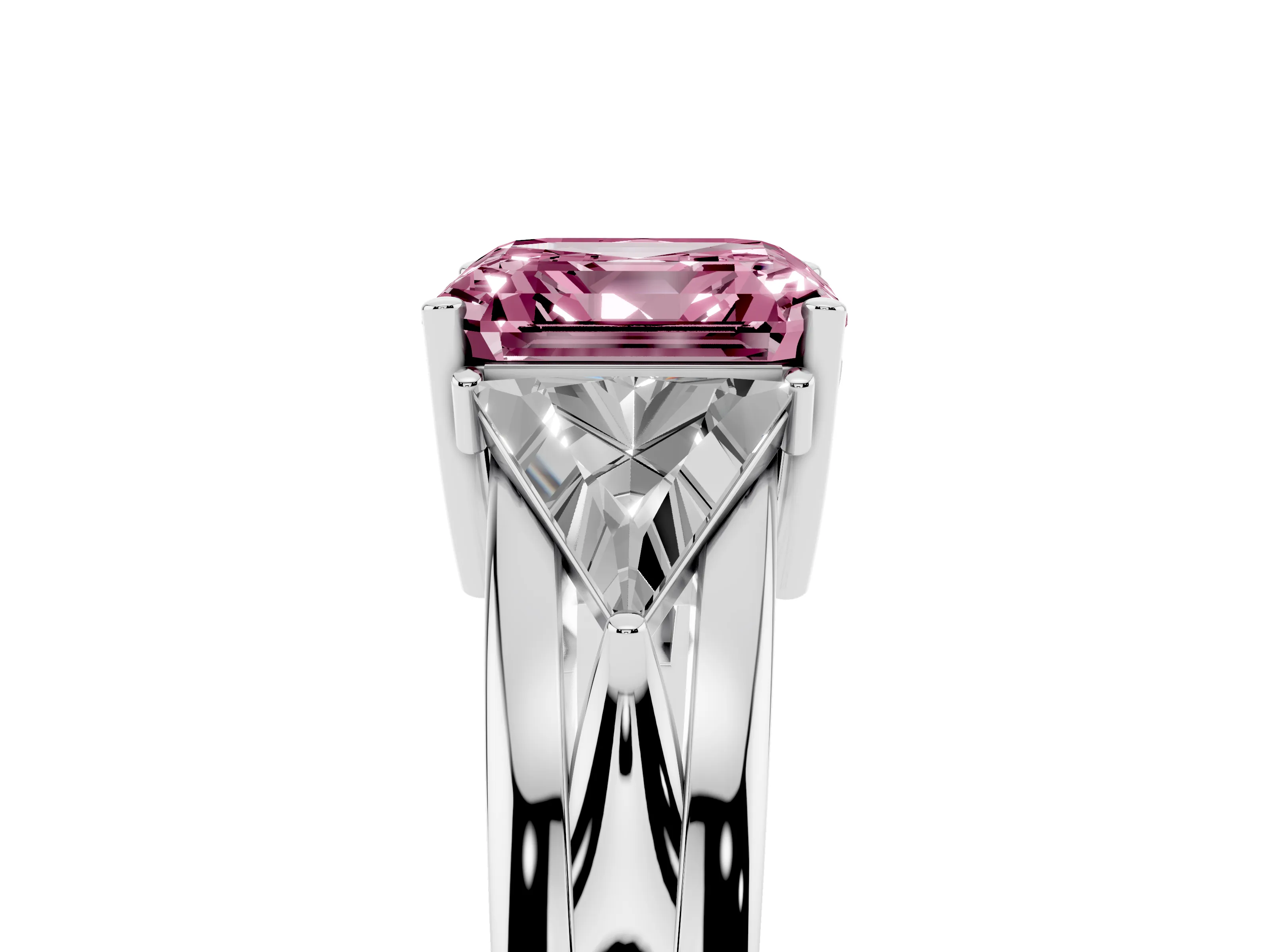 Fancy Pink Asscher Cut Diamond Three-Stone Ring Set in White gold with Trillion Side Stones and Split Shank