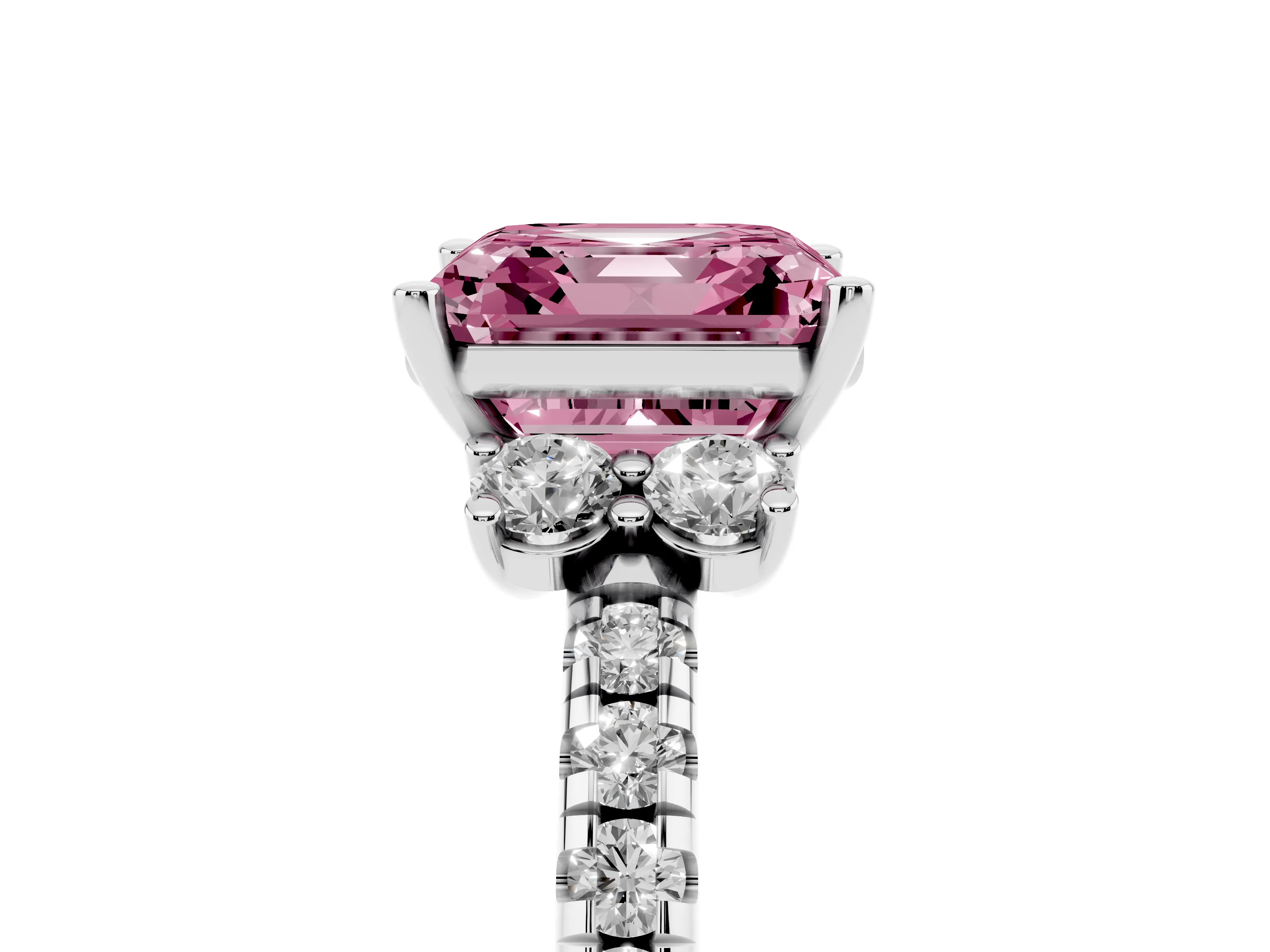 Fancy Pink Asscher Cut Diamond Three-Stone Pavé Ring Set in White gold with Prong Setting