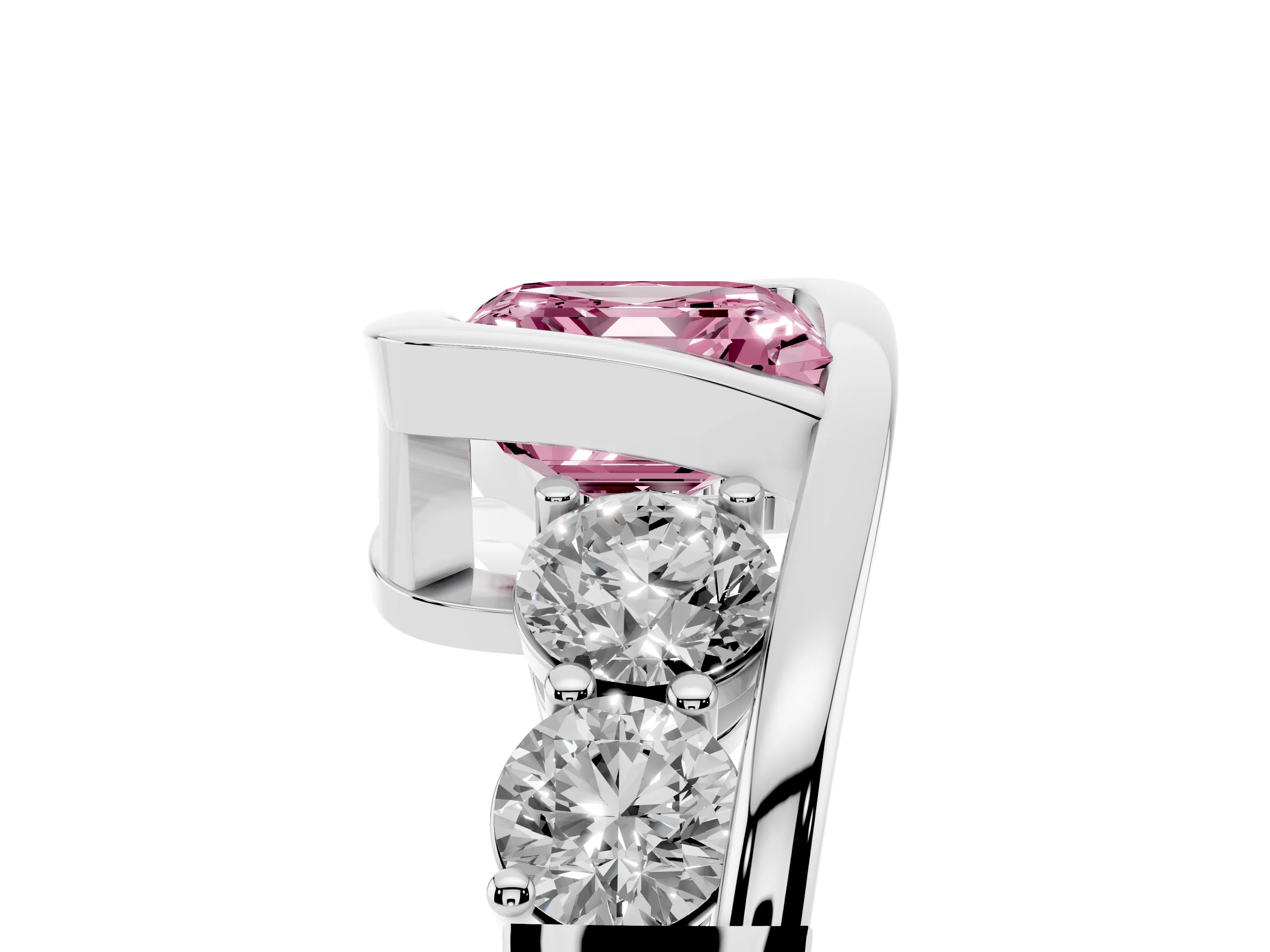 Fancy Pink Asscher Cut Diamond Bezel Bypass Ring Set in Silver with Round Accents