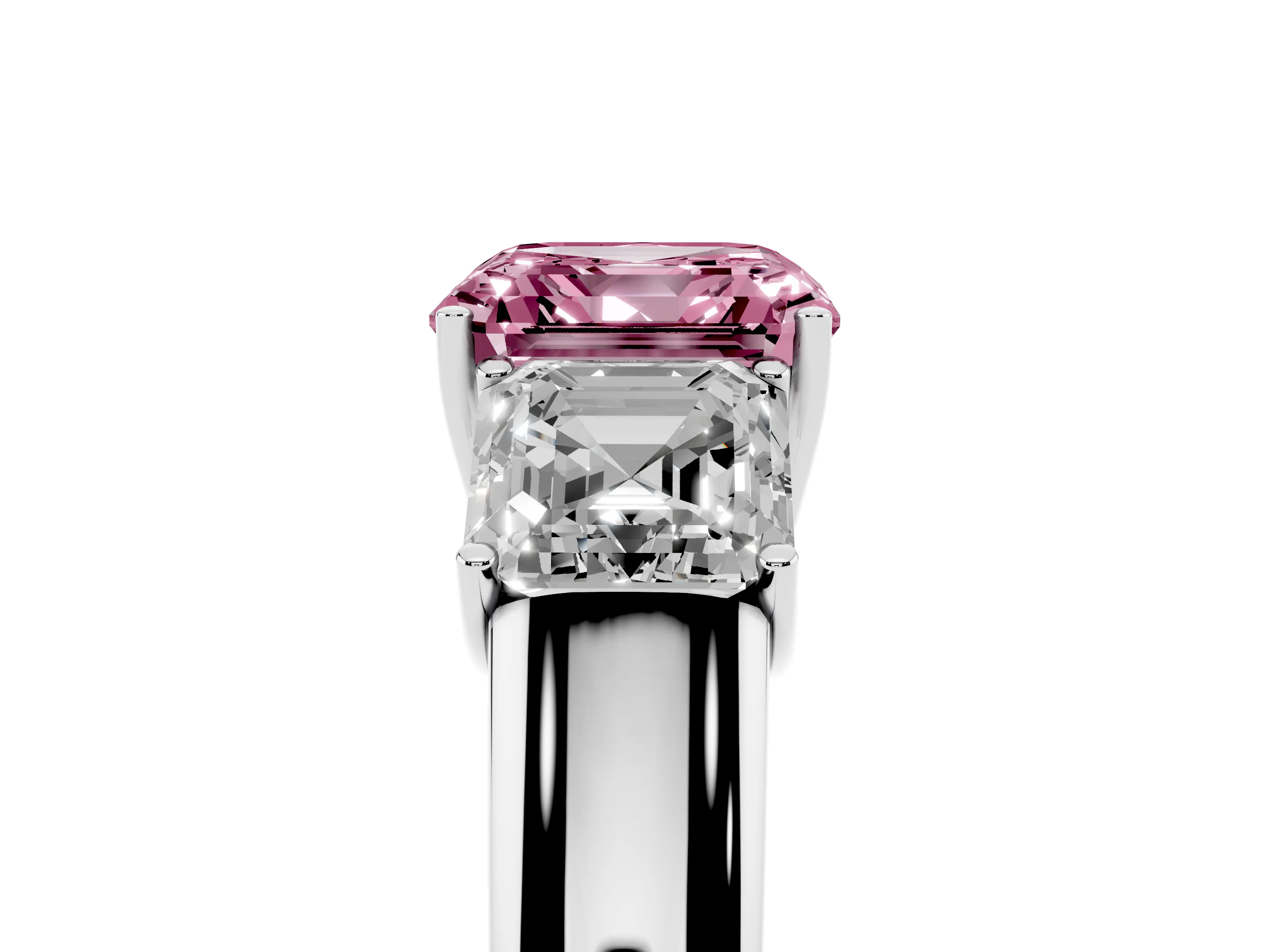 Fancy Pink Three-Stone Asscher Cut Diamond Ring Set in White gold with Matching Prong Settings and Plain Band