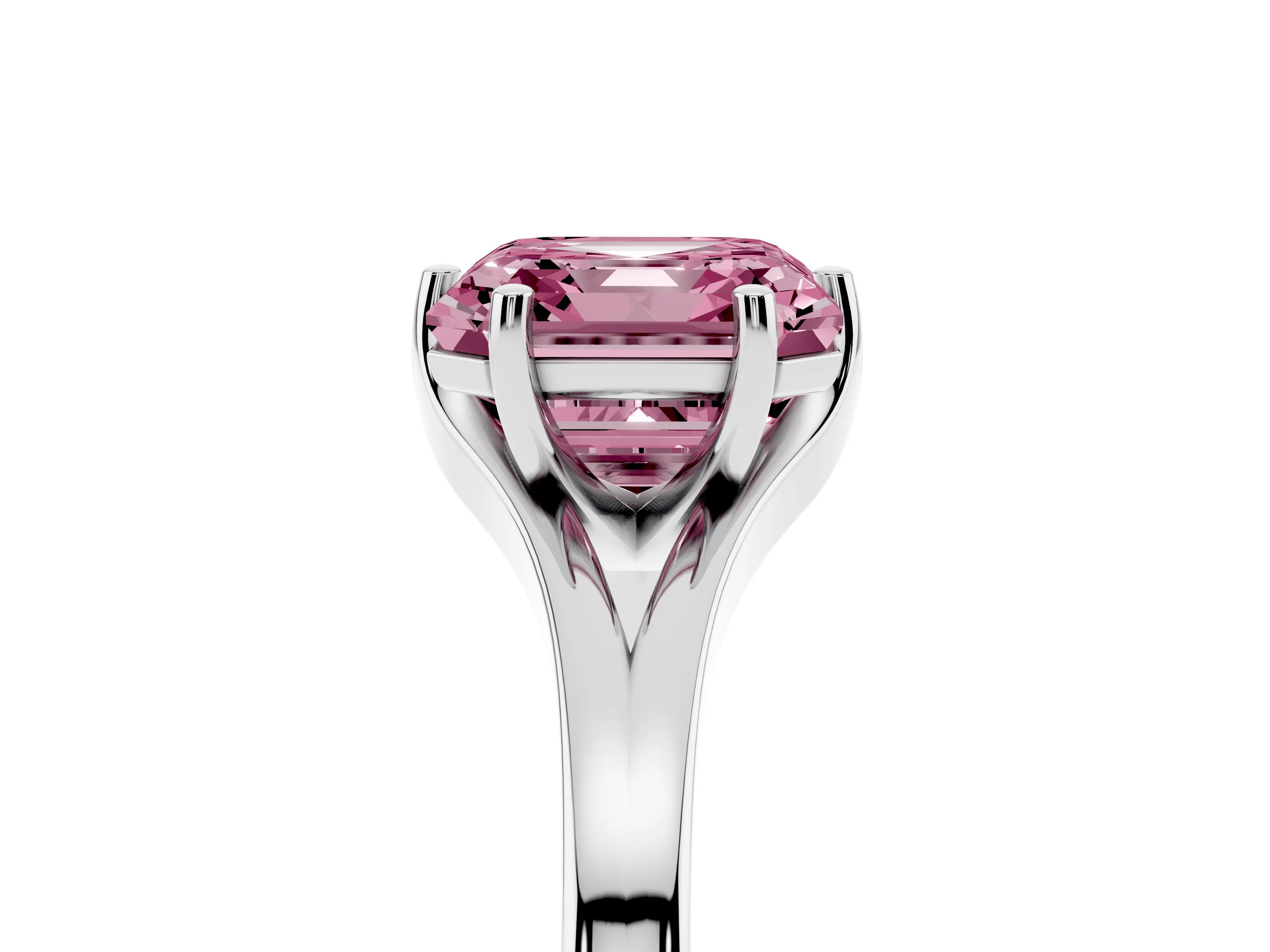 Fancy Pink Asscher Cut Diamond Solitaire Ring Set in White gold with Polished Tapered Band and Prong Setting