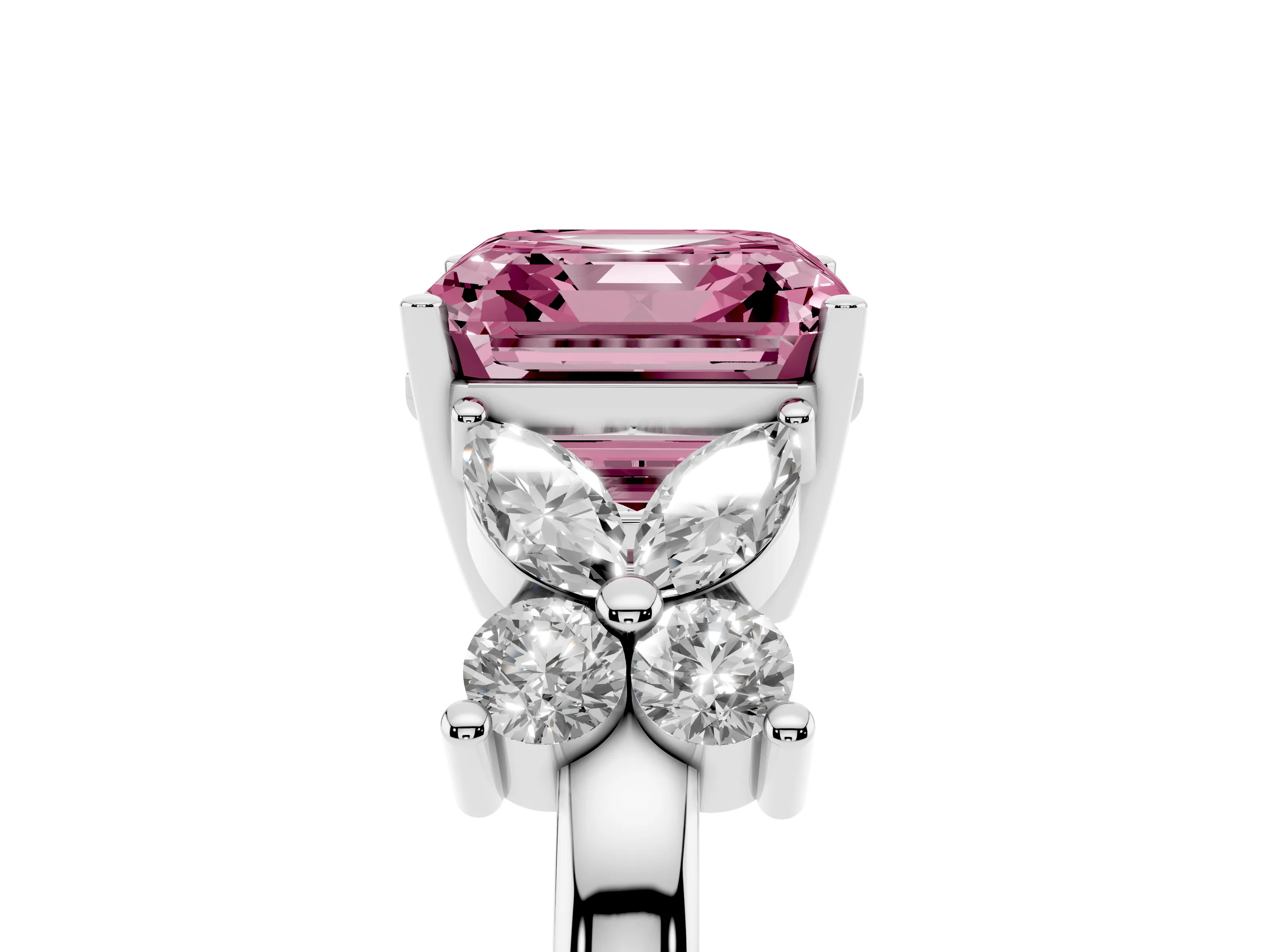 Fancy Pink Asscher Cut Diamond Floral Cluster Ring Set in White gold with Marquise Petals and Prong Setting