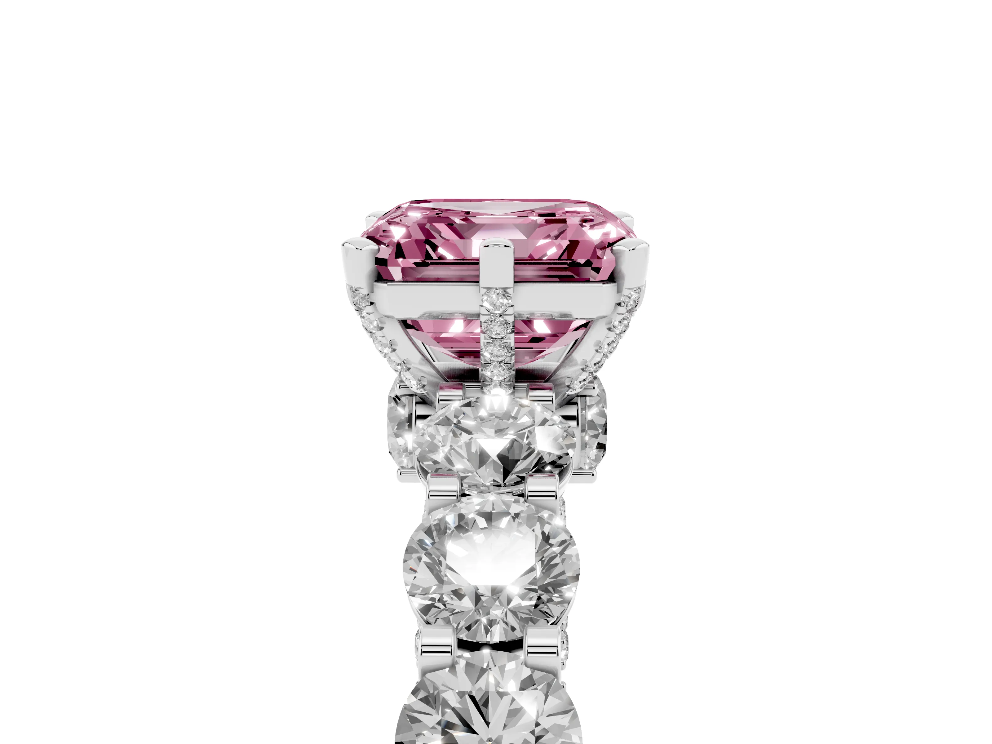 Fancy Pink Asscher Cut Diamond Side Stone Ring Set in White gold with Alternating Round and Oval Side Stones
