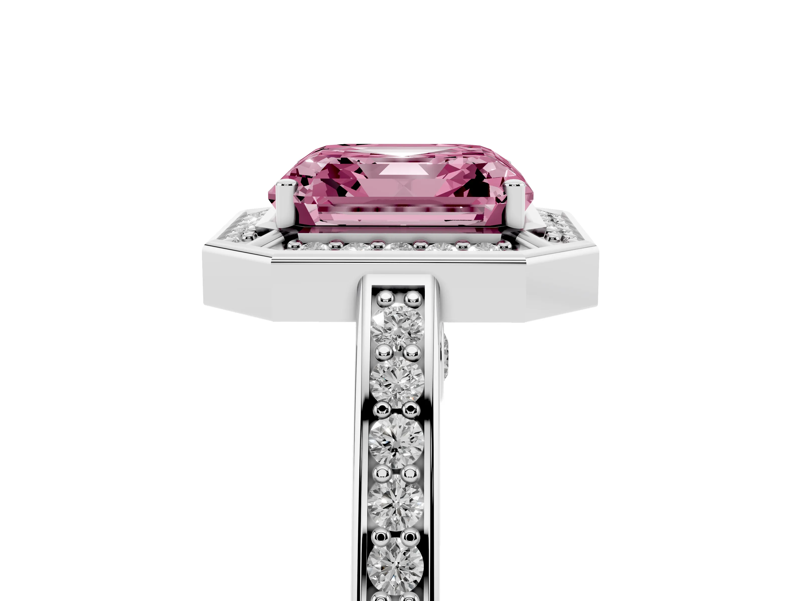 Fancy Pink Asscher Cut Diamond Halo Pavé Split Shank Ring Set in White gold with Prong Setting