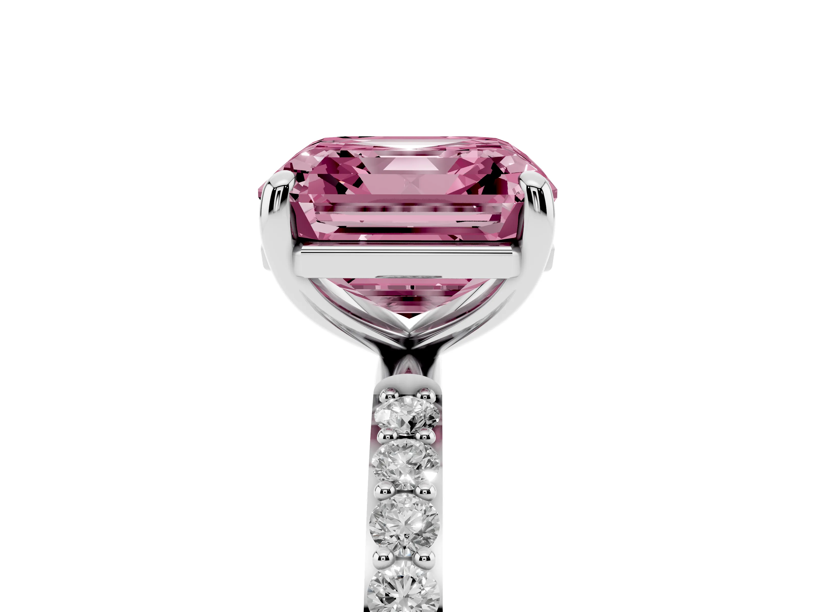 Fancy Pink Asscher Cut Diamond Solitaire Ring Set in Silver with Round Pavé Band and Prong Setting