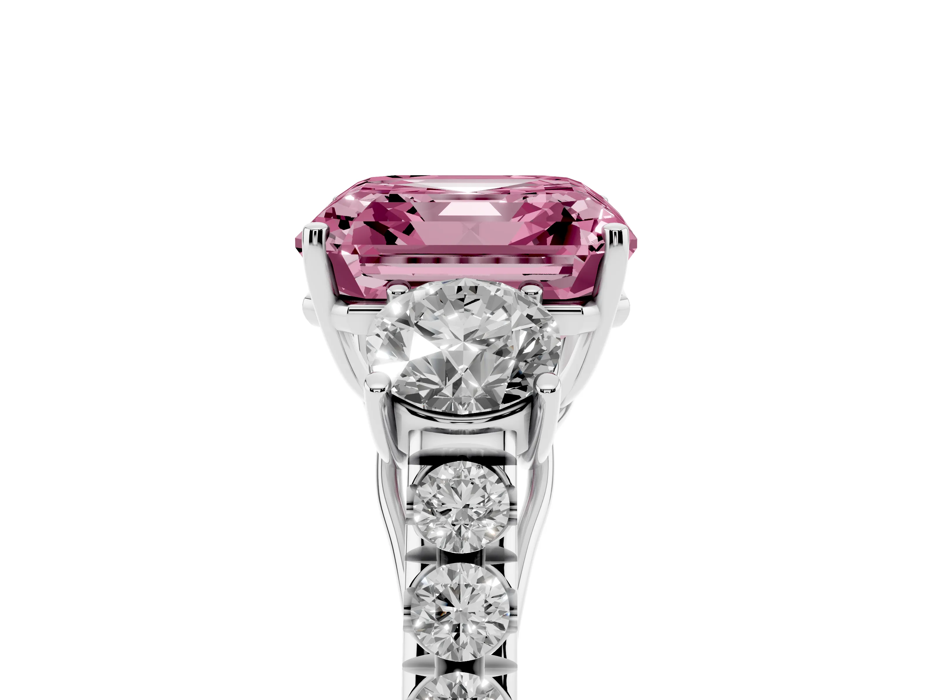 Fancy Pink Asscher Cut Diamond Three-Stone Ring Set in Platinum with Round Side Stones and Delicate Pavé Band