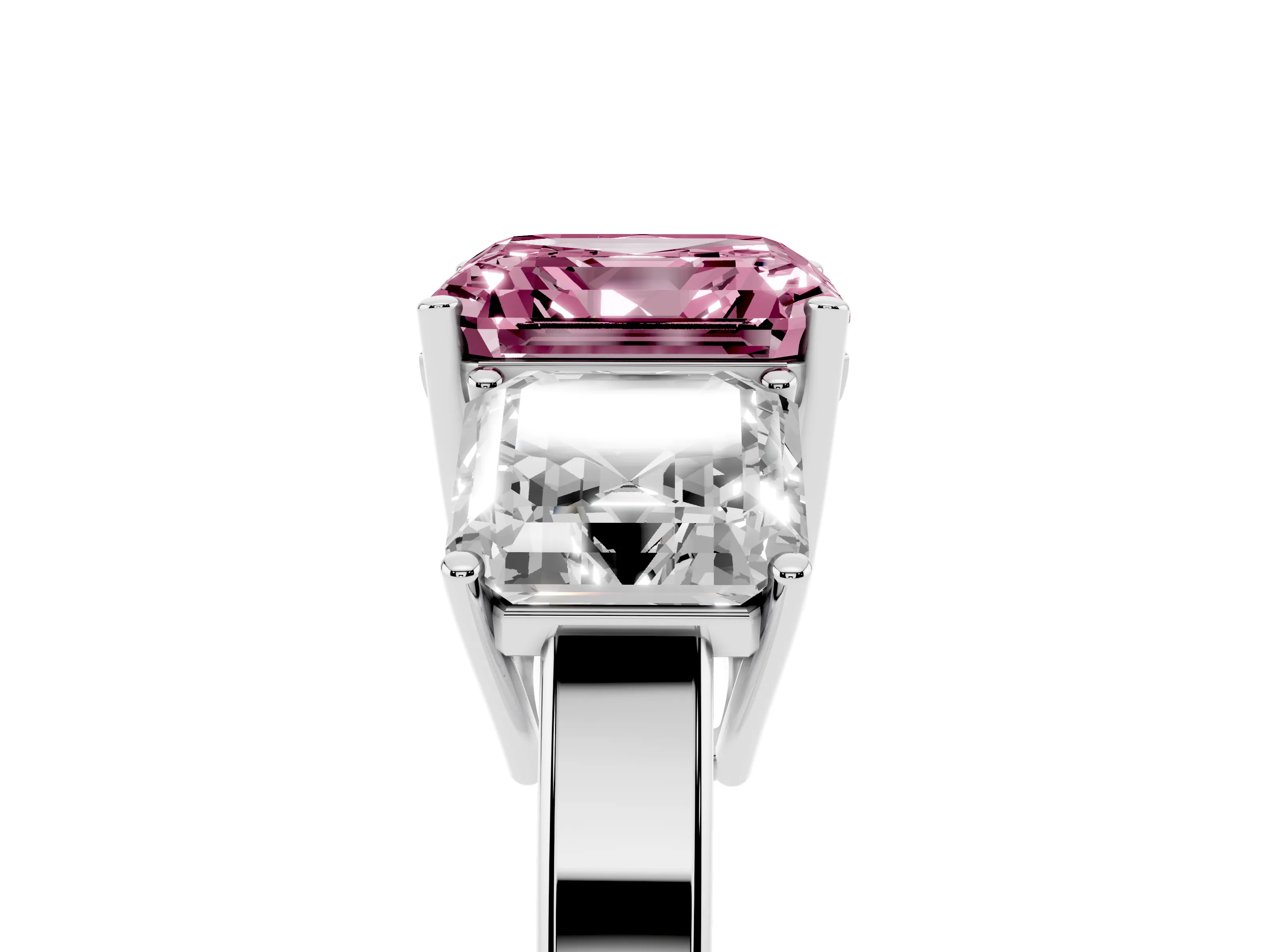Fancy Pink Asscher Cut Diamond Three-Stone Engagement Ring Set in Platinum with Flat Band