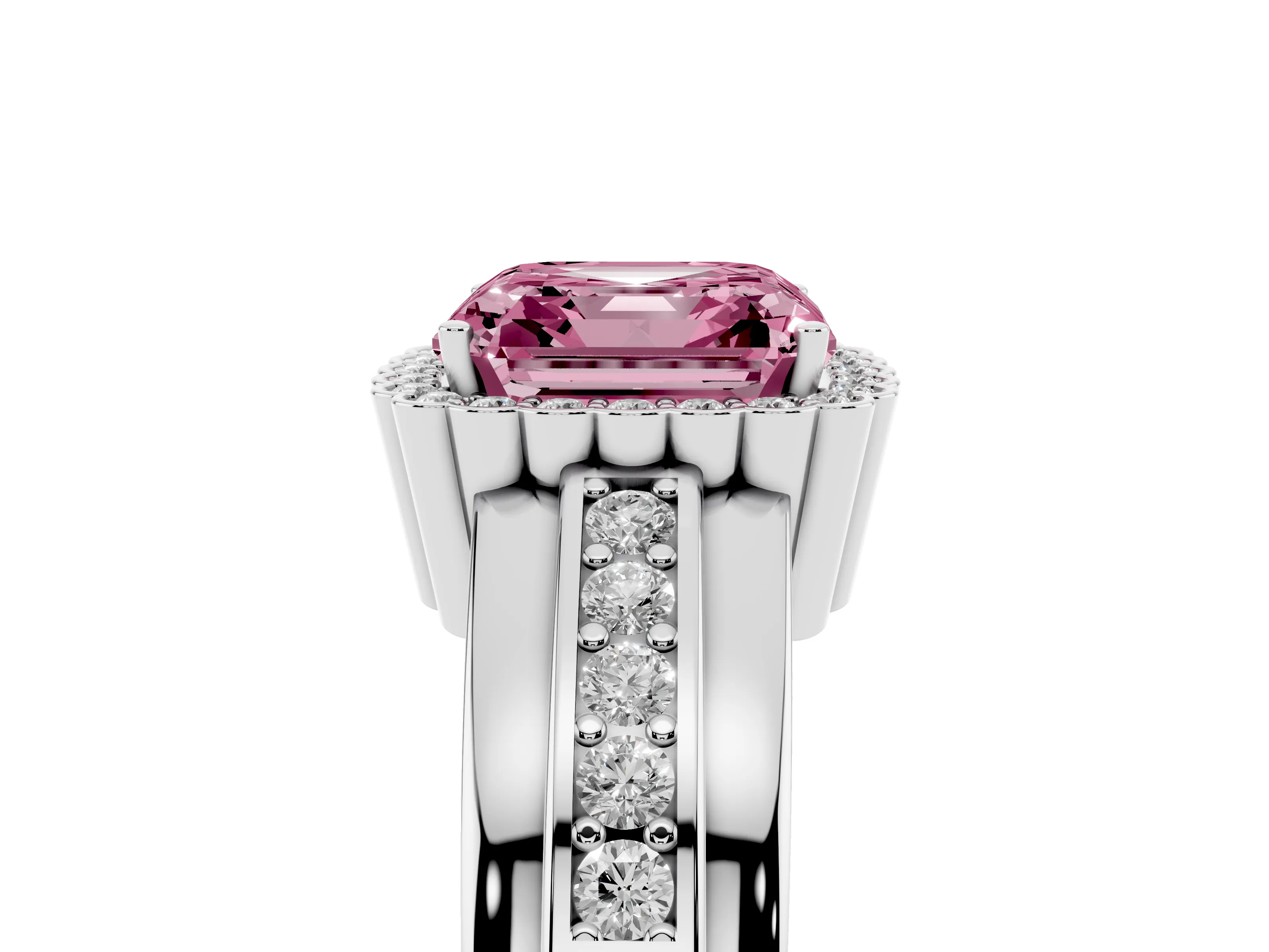 Fancy Pink Asscher Cut Diamond Halo Prong Ring Set in Silver with Pavé Band